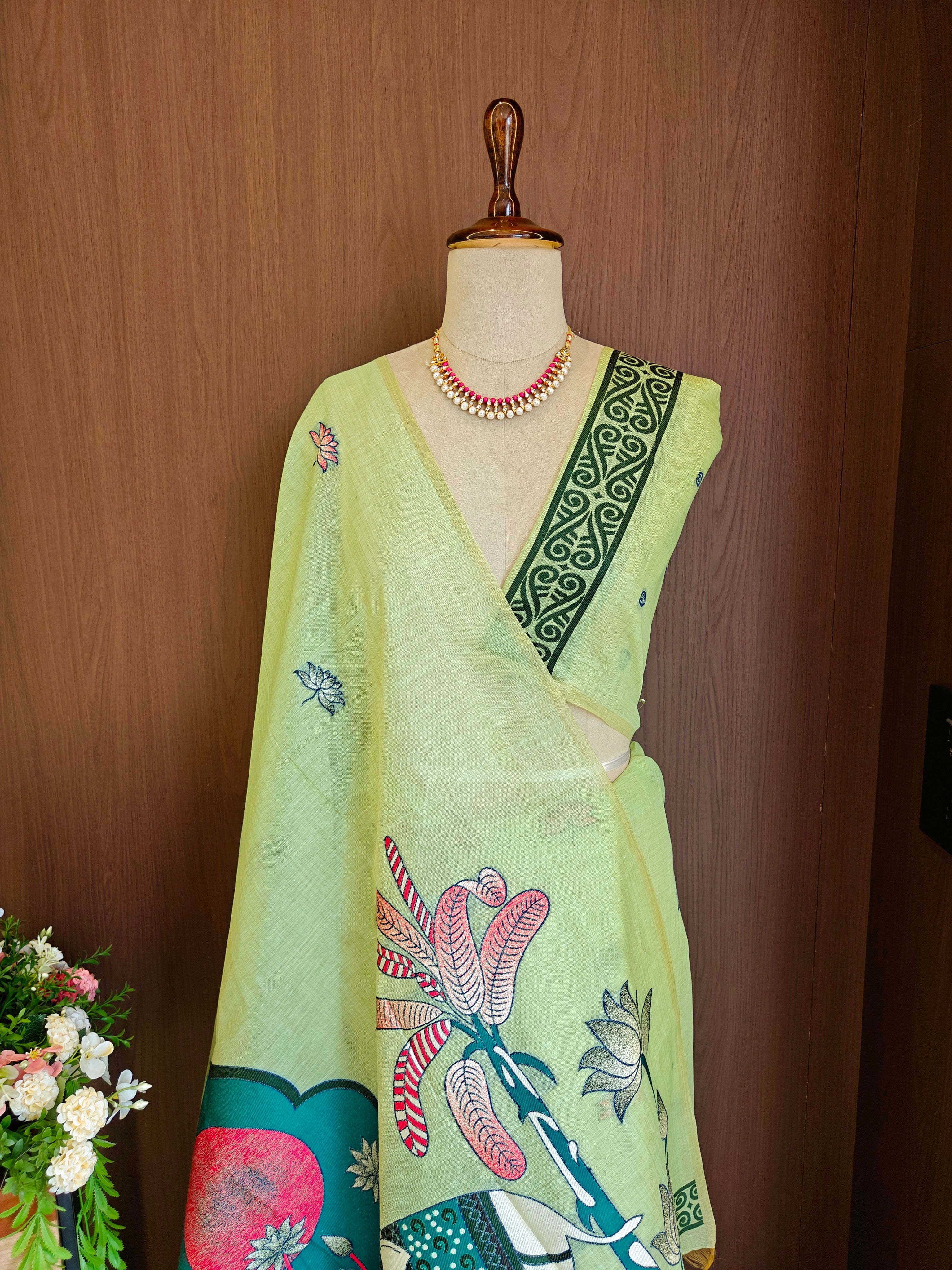 Pista Rajwadi Woven Muga Cotton Saree
