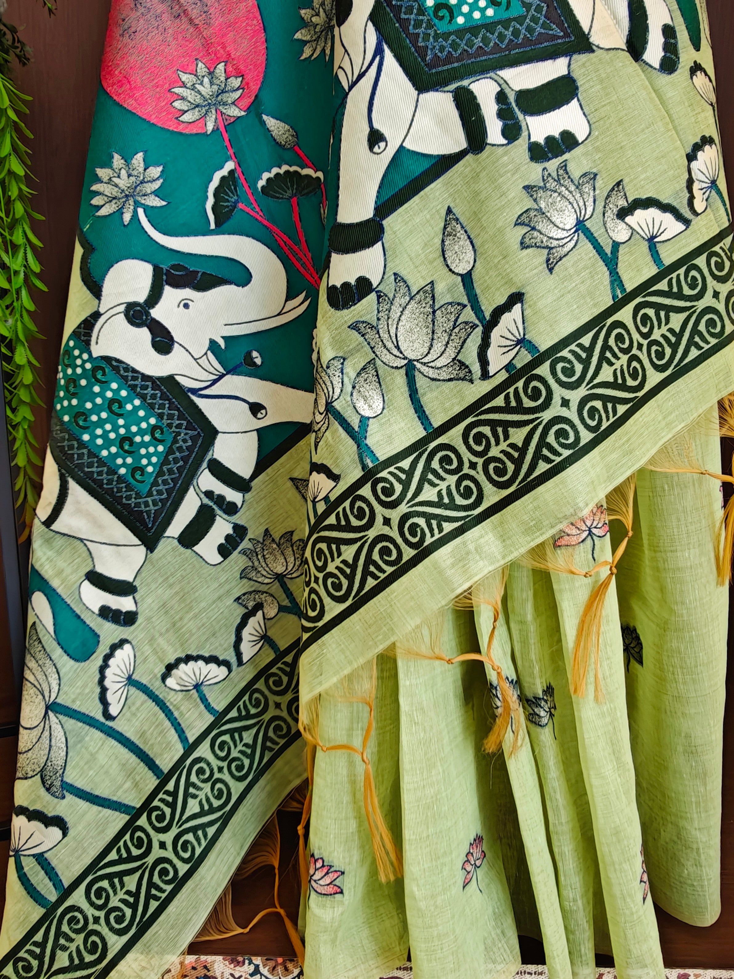 Pista Rajwadi Woven Muga Cotton Saree