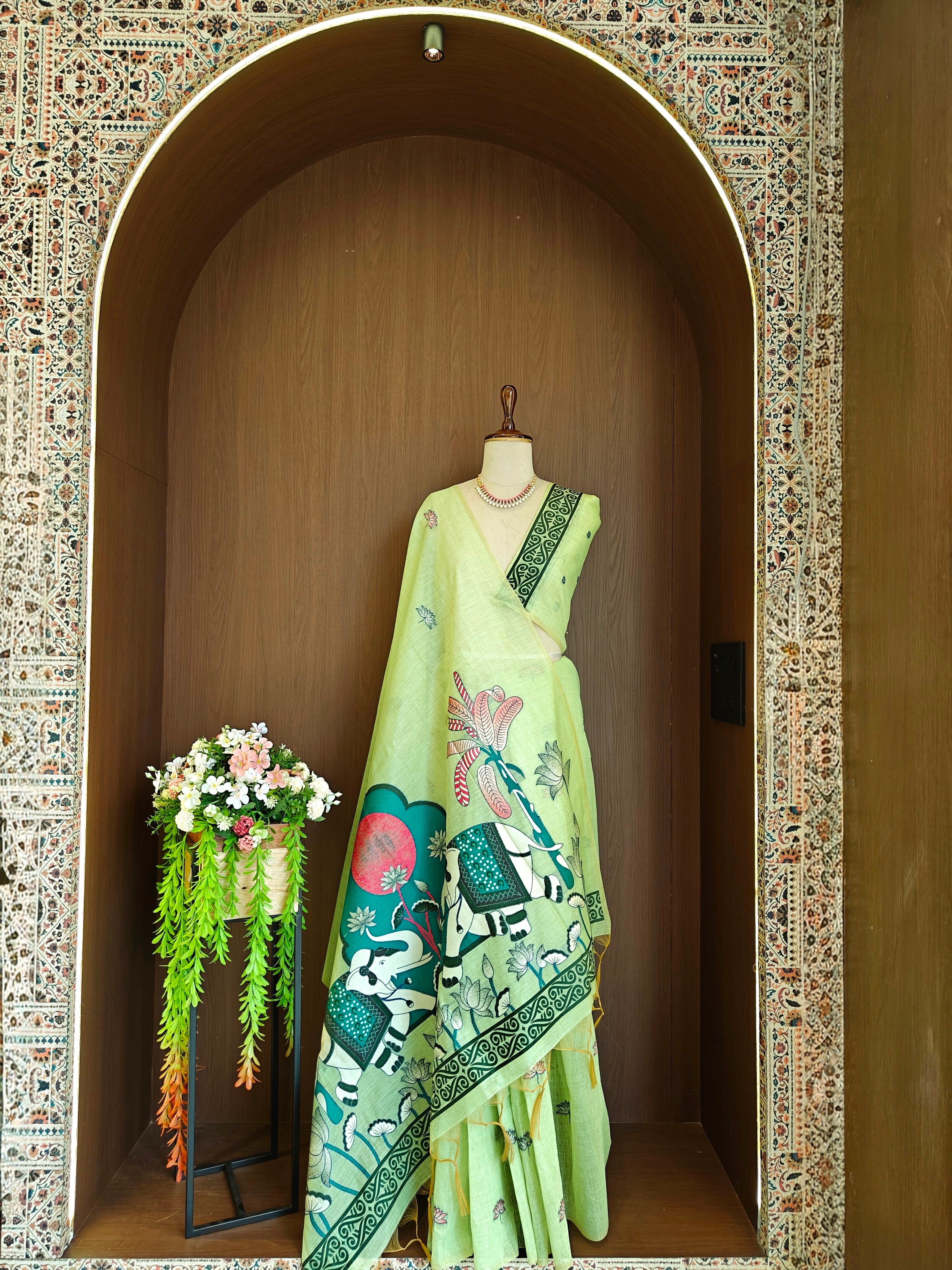 Pista Rajwadi Woven Muga Cotton Saree