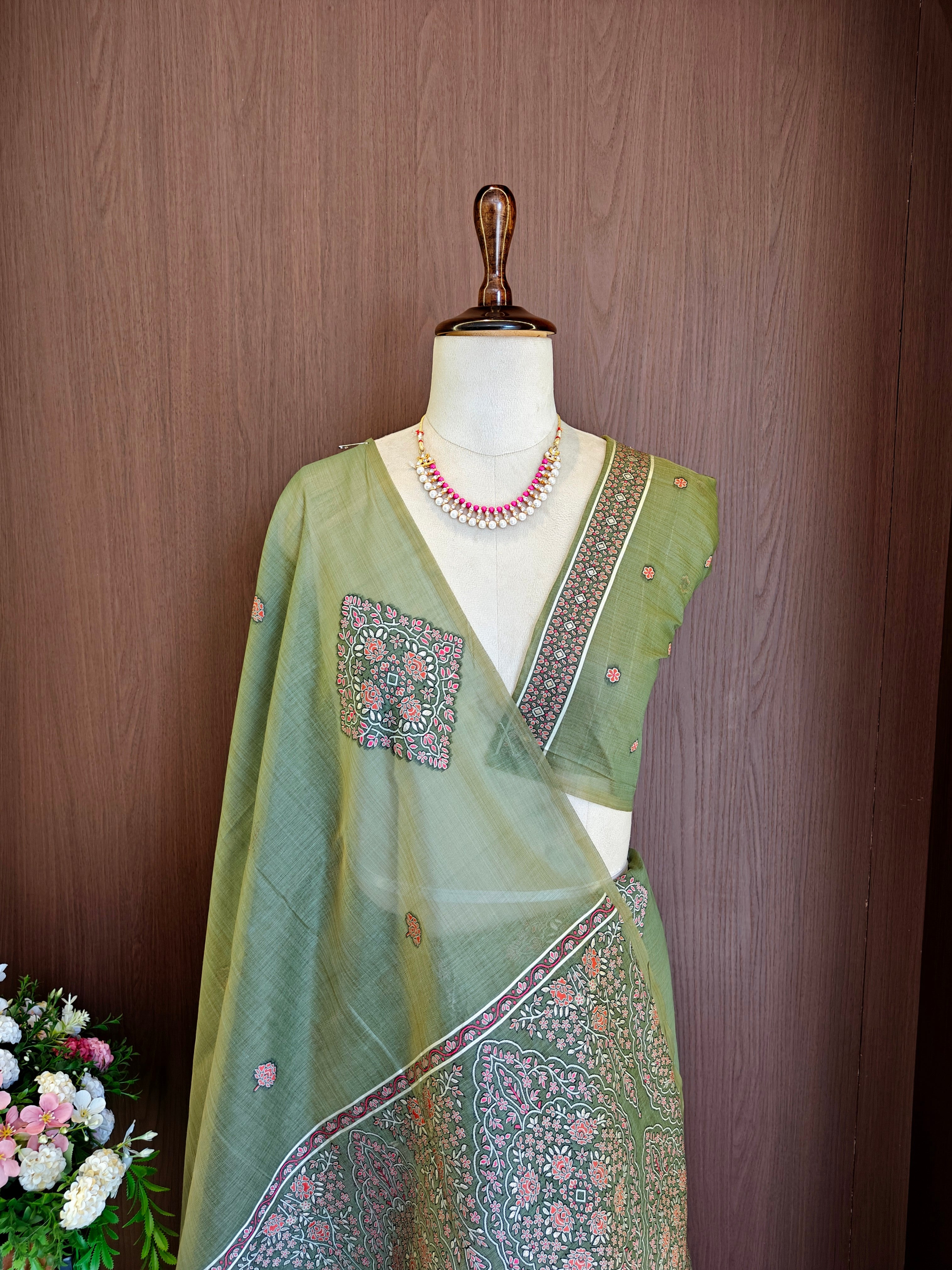 Pista Resham Woven Muga Cotton Saree