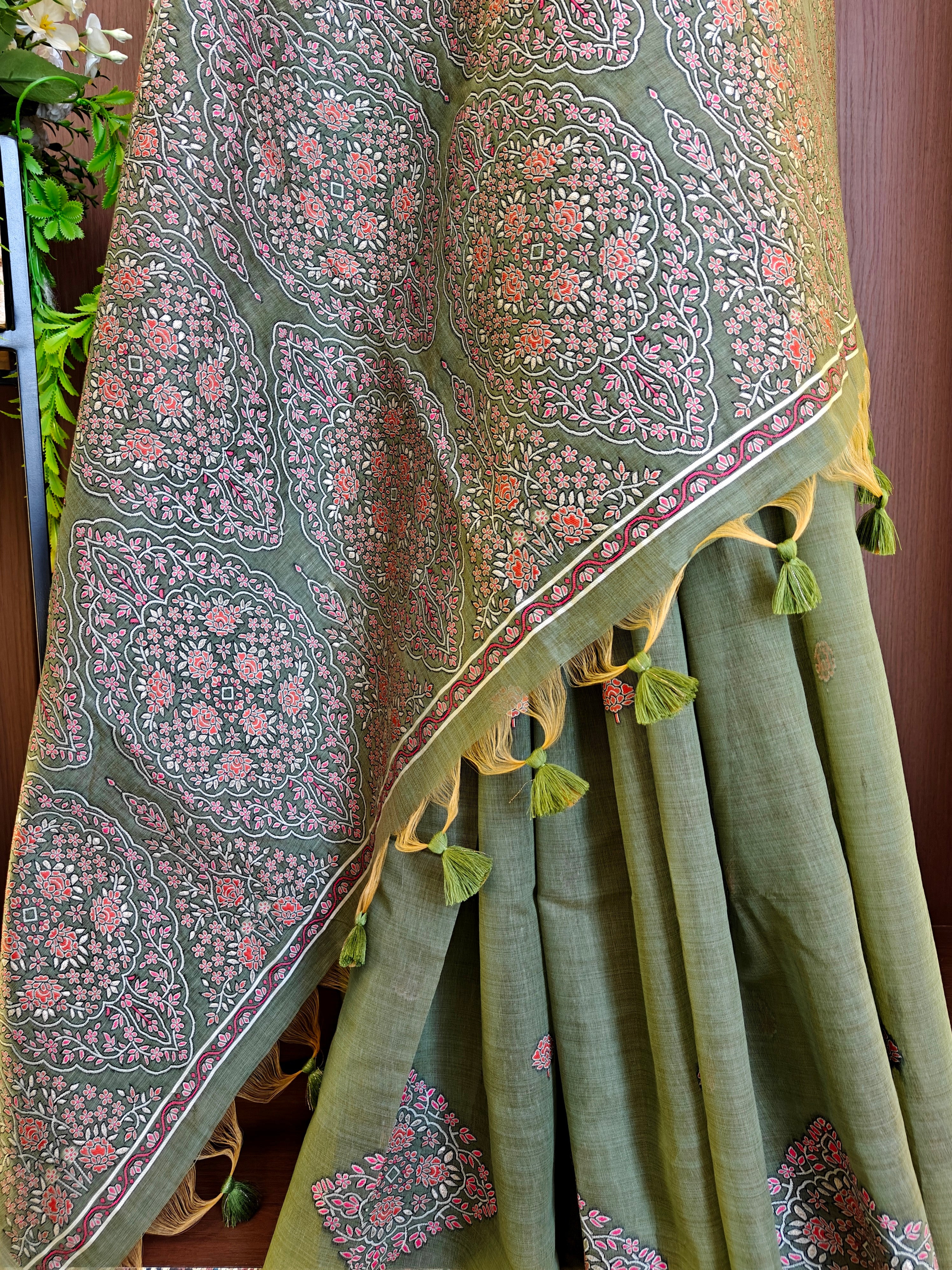 Pista Resham Woven Muga Cotton Saree