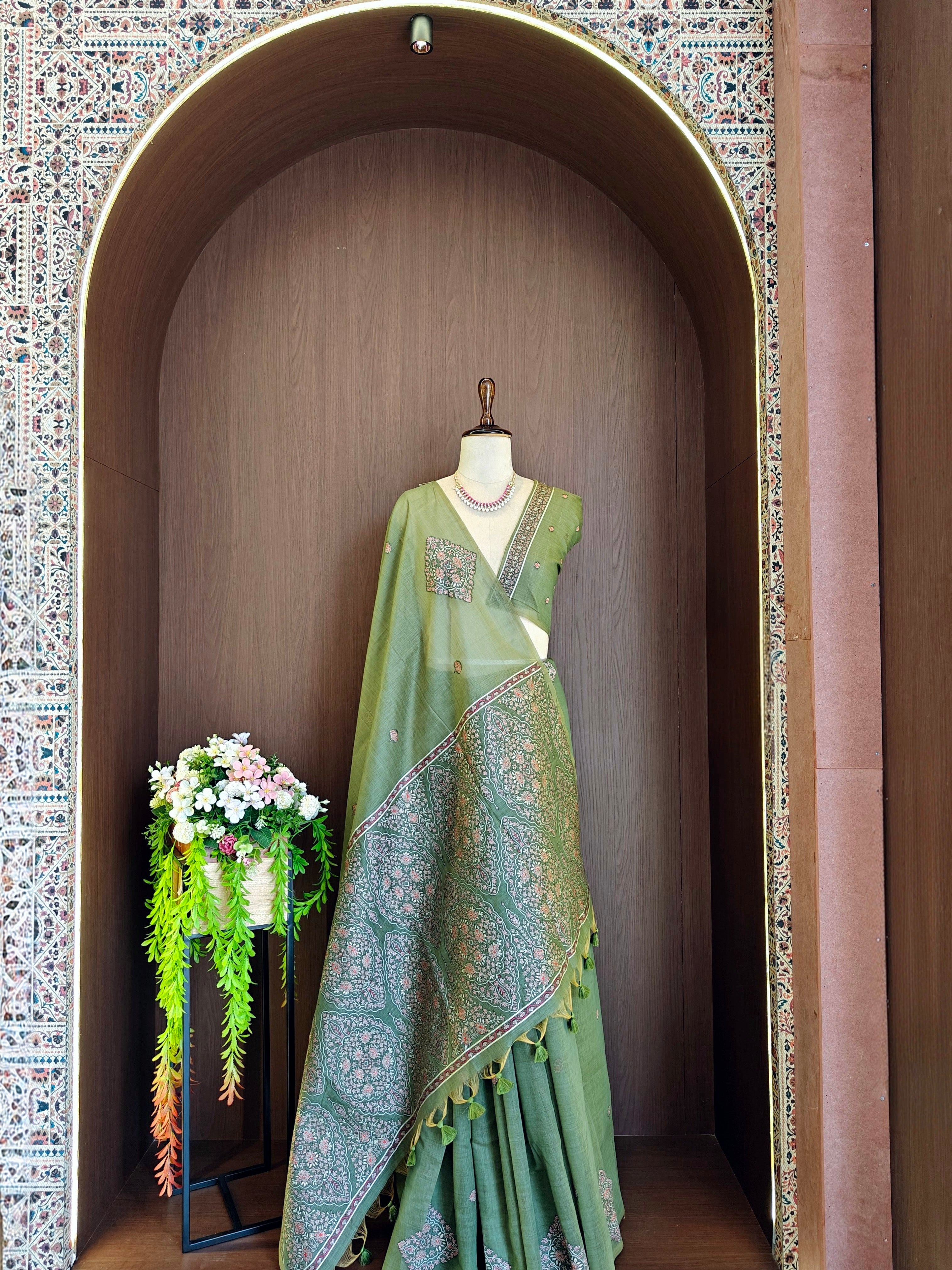 Pista Resham Woven Muga Cotton Saree