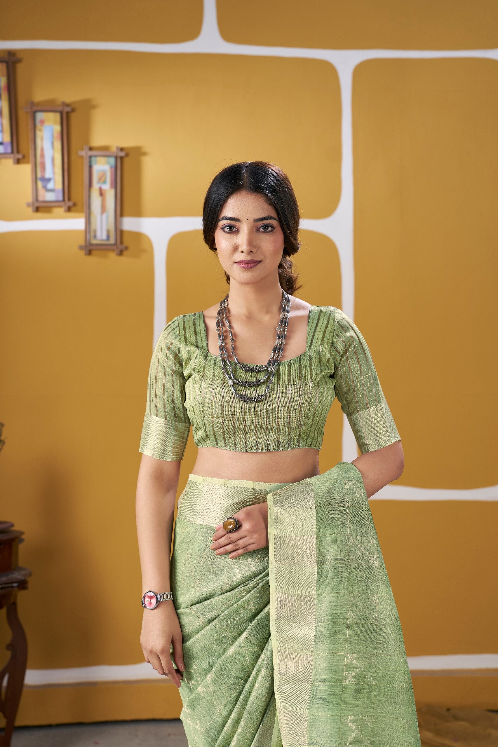 Pista Soft Linen Cotton Silk Saree