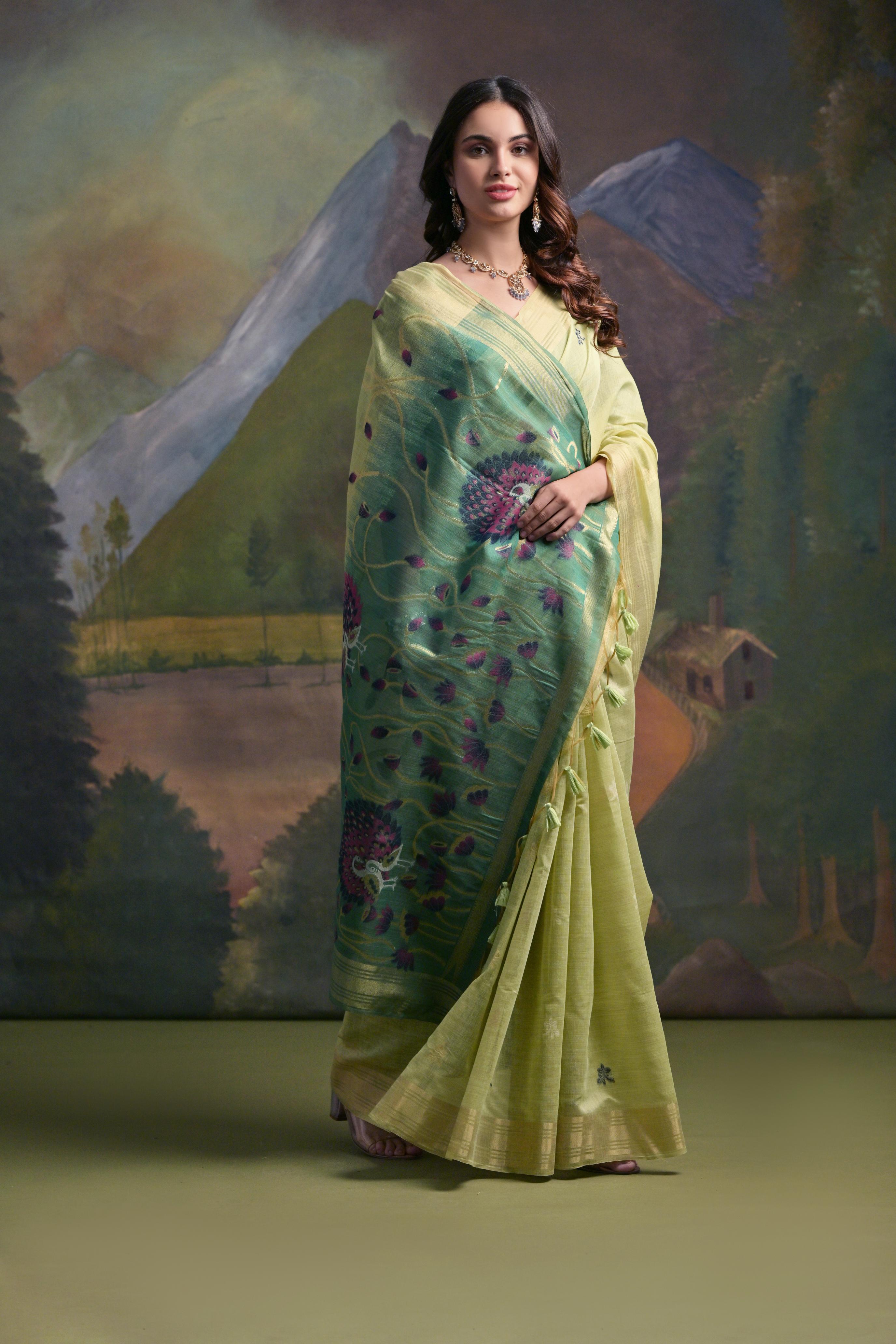Pista Soft Muga Silk Saree