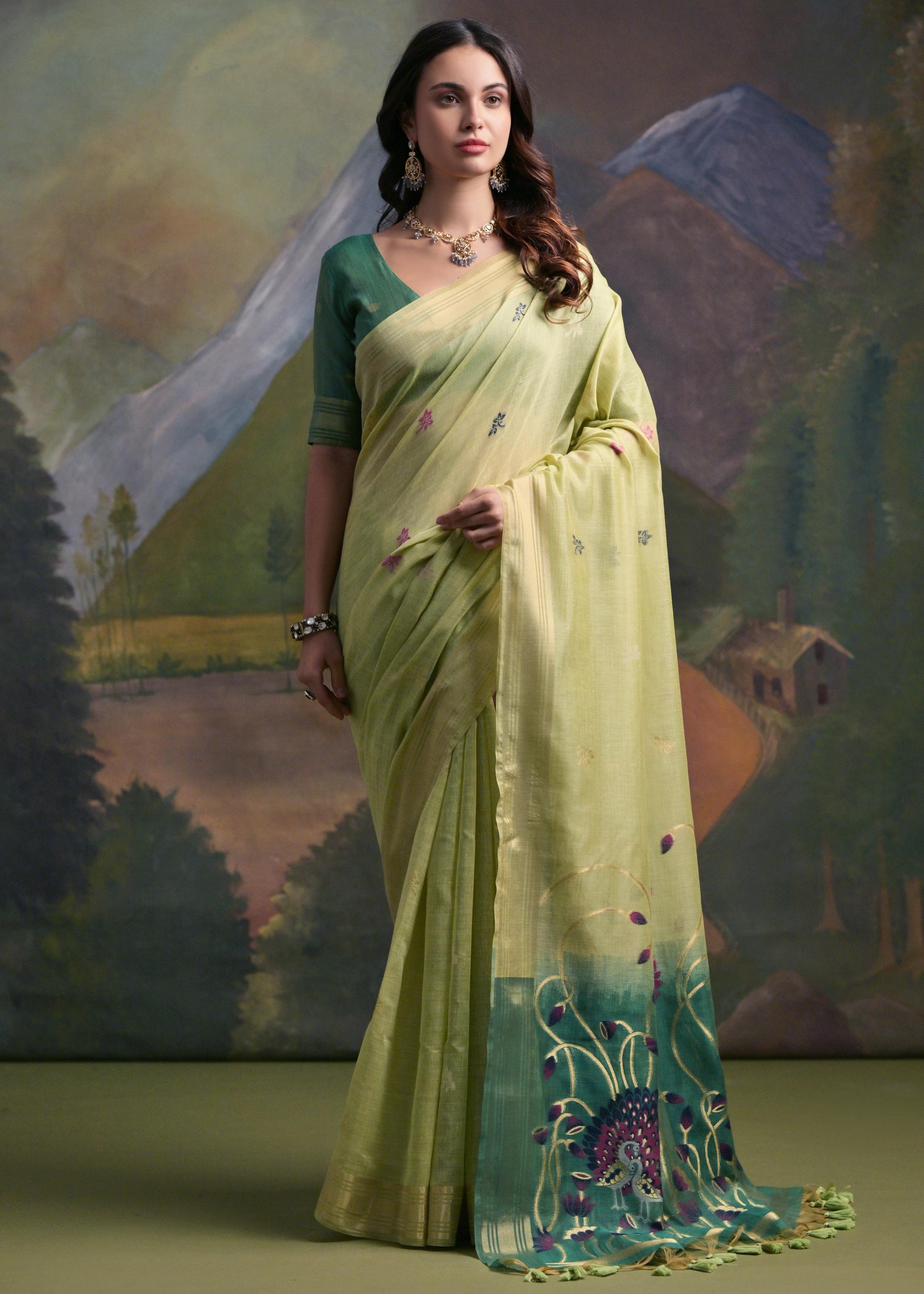 Pista Soft Muga Silk Saree
