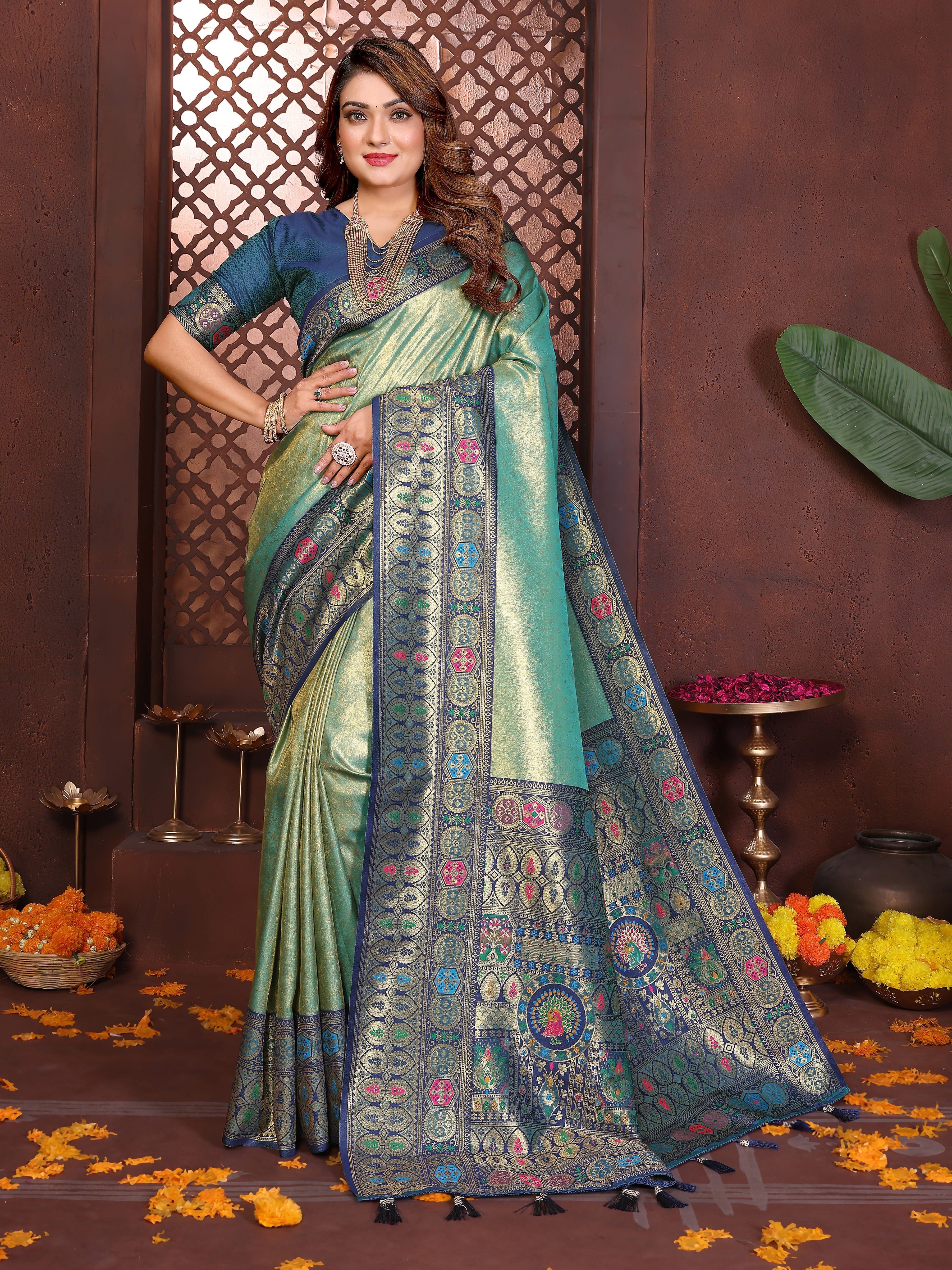 Pista & Teal Banarasi Tissue Silk Saree