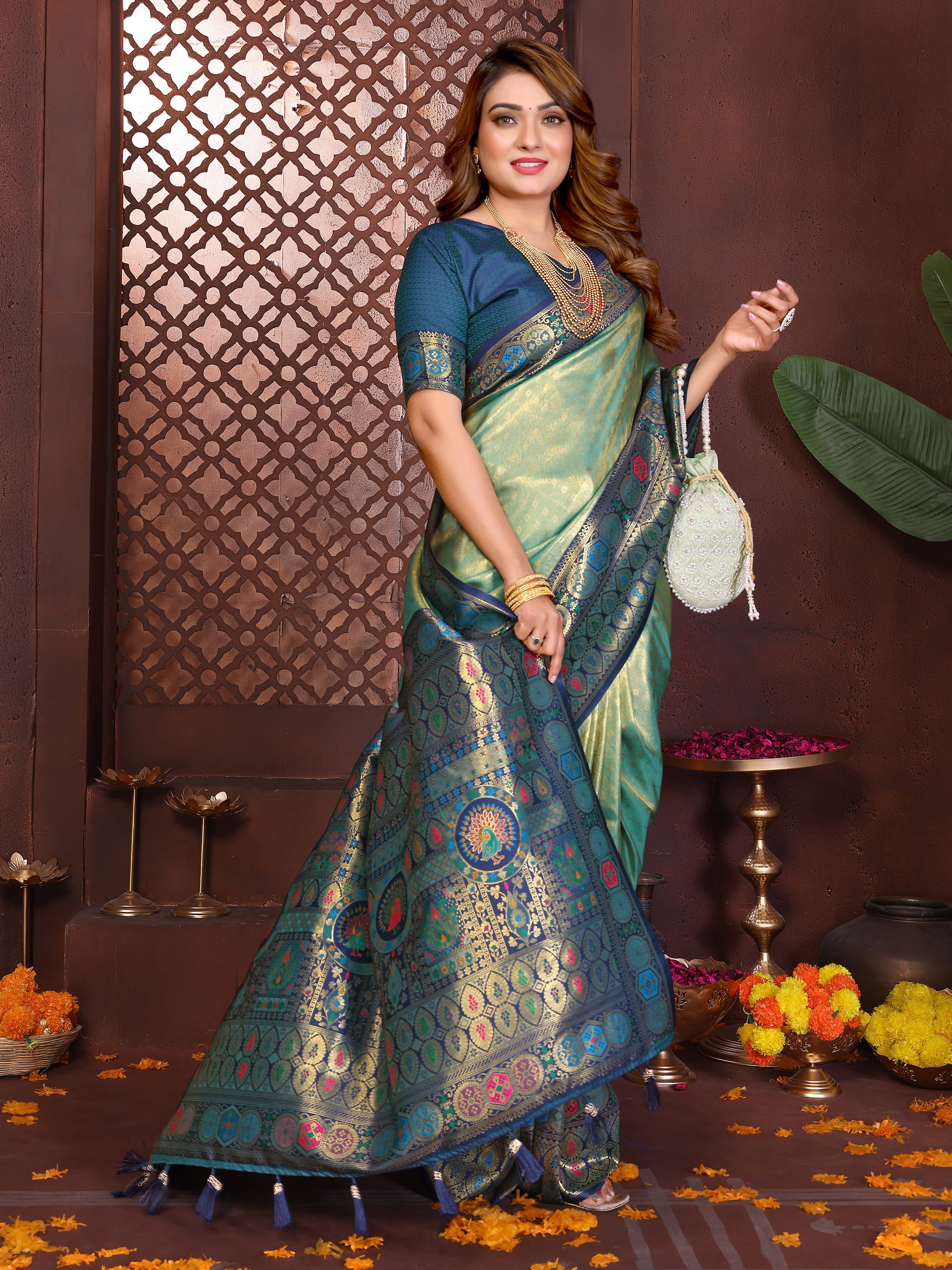 Pista & Teal Banarasi Tissue Silk Saree