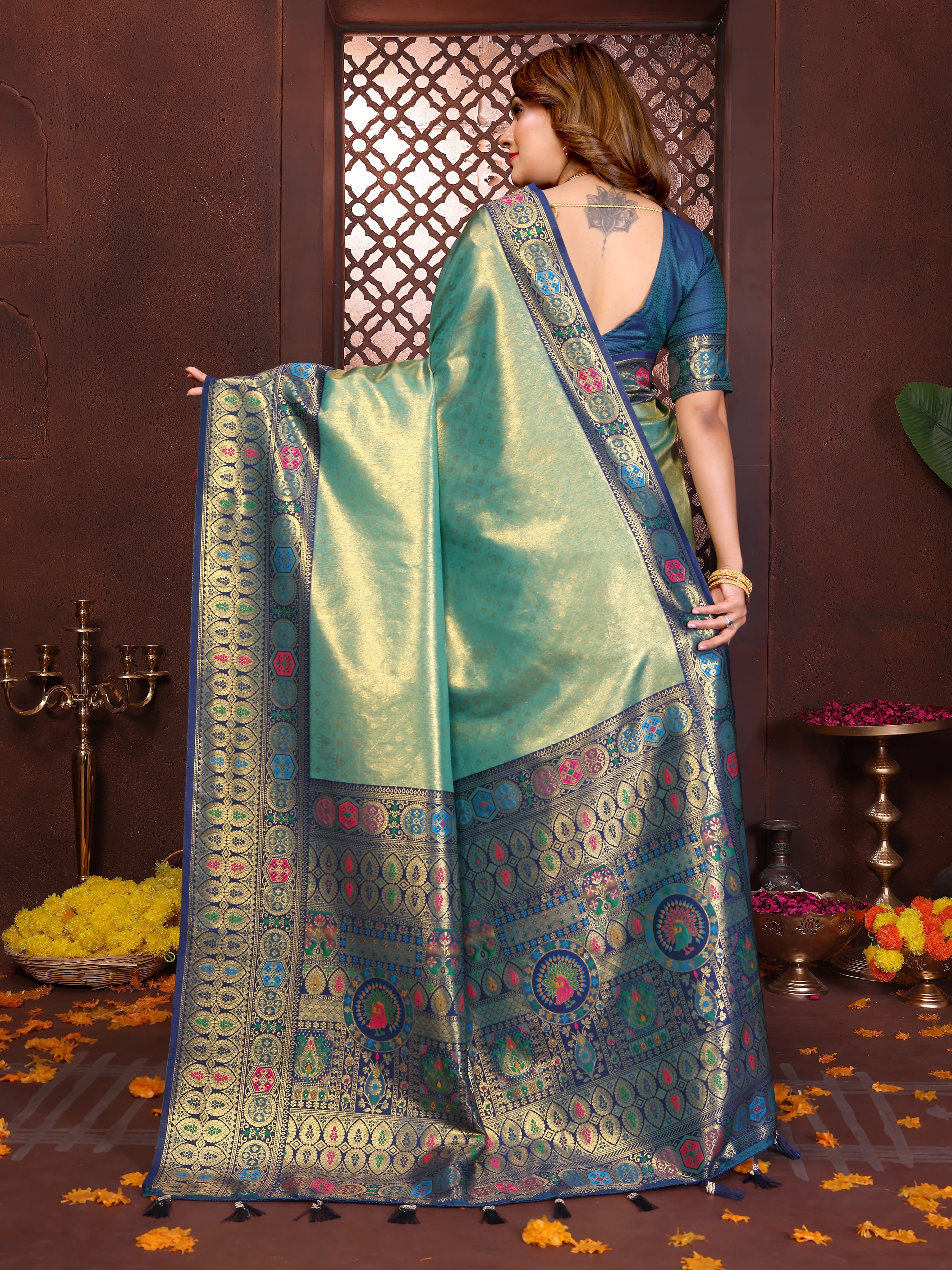Pista & Teal Banarasi Tissue Silk Saree