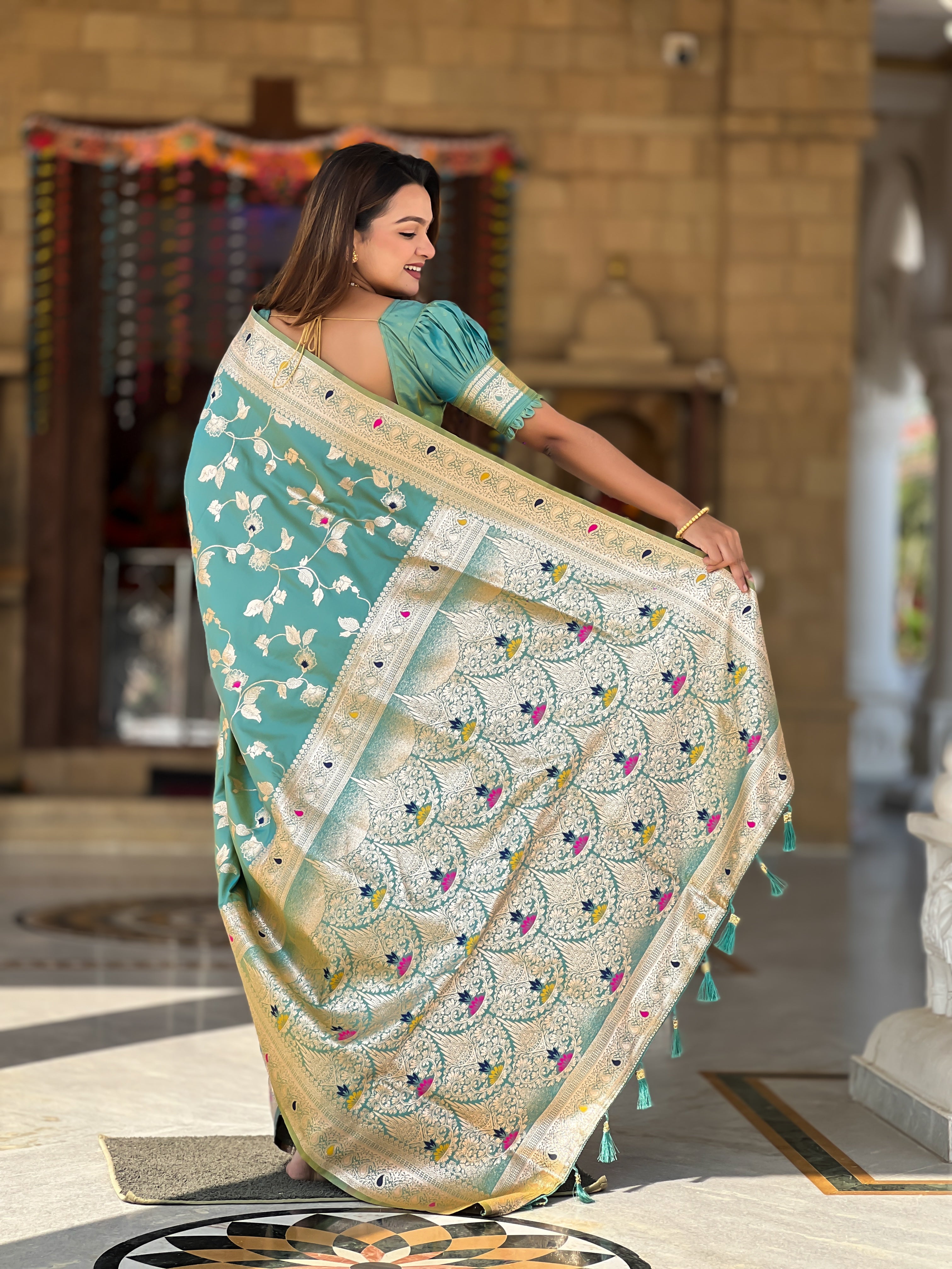 Pistachio Wedding Wear Soft Banarasi Silk Saree