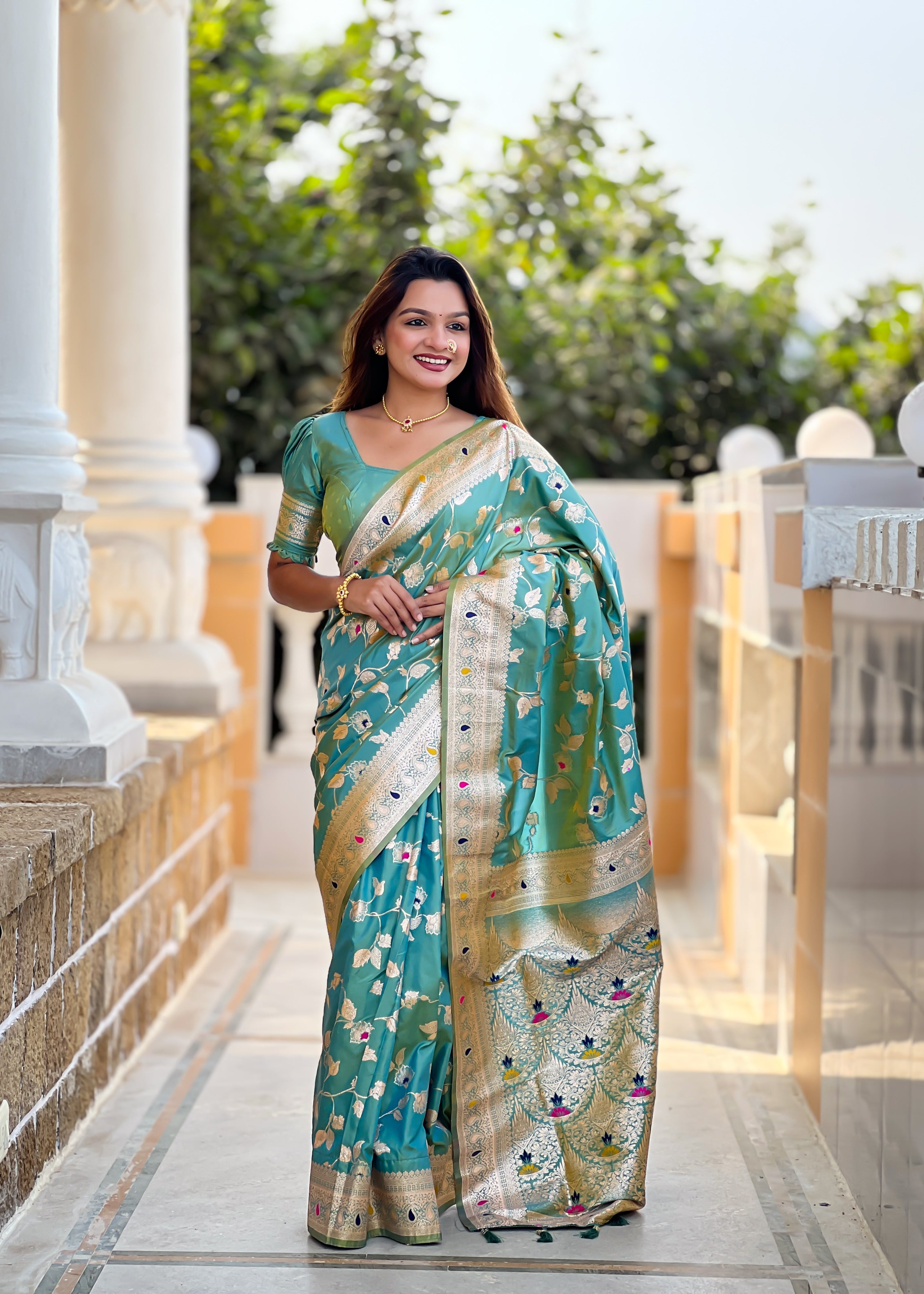 Pistachio Wedding Wear Soft Banarasi Silk Saree