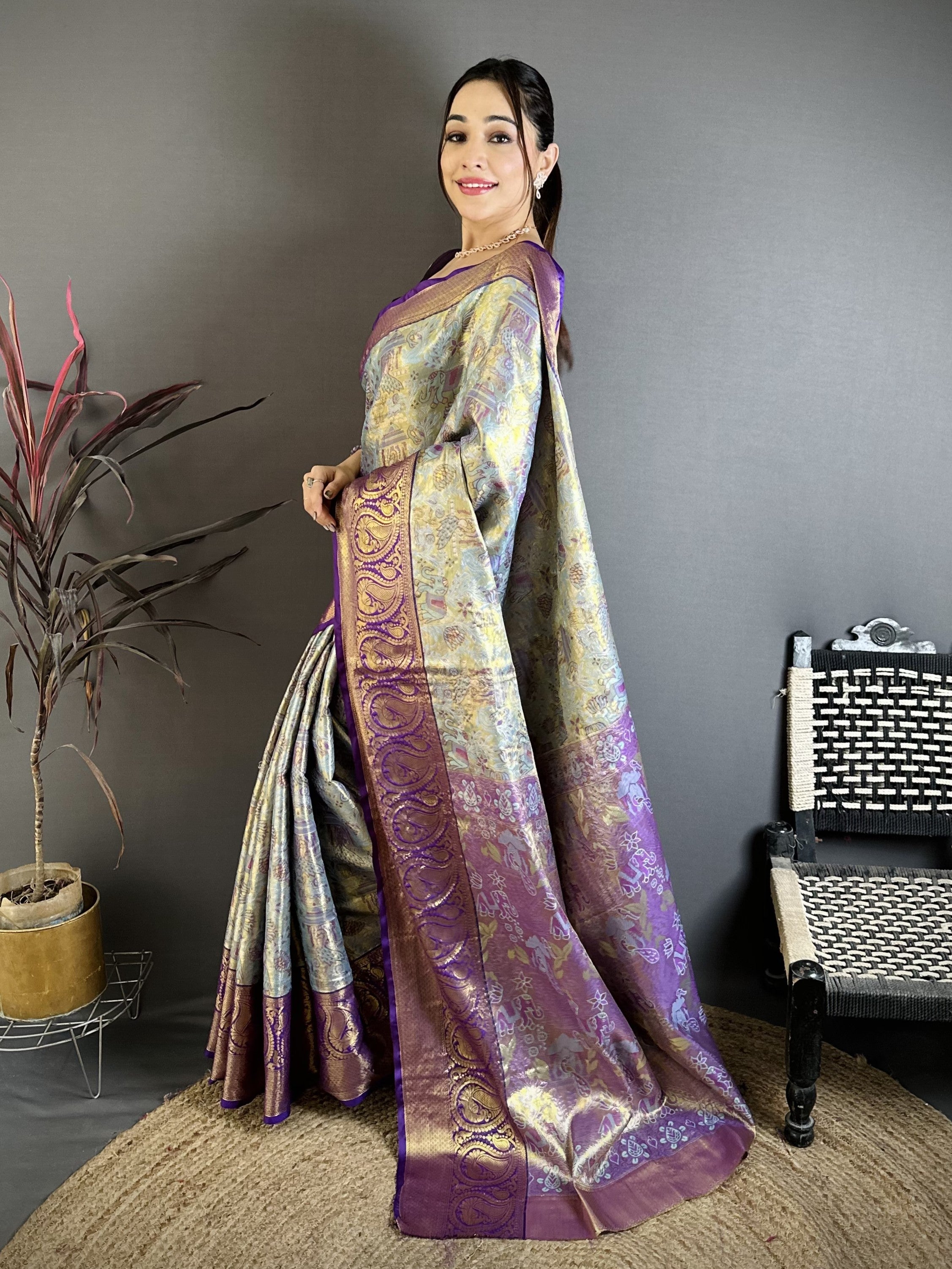 Purple & Ice Blue Bridal Kanjivaram Silk Saree