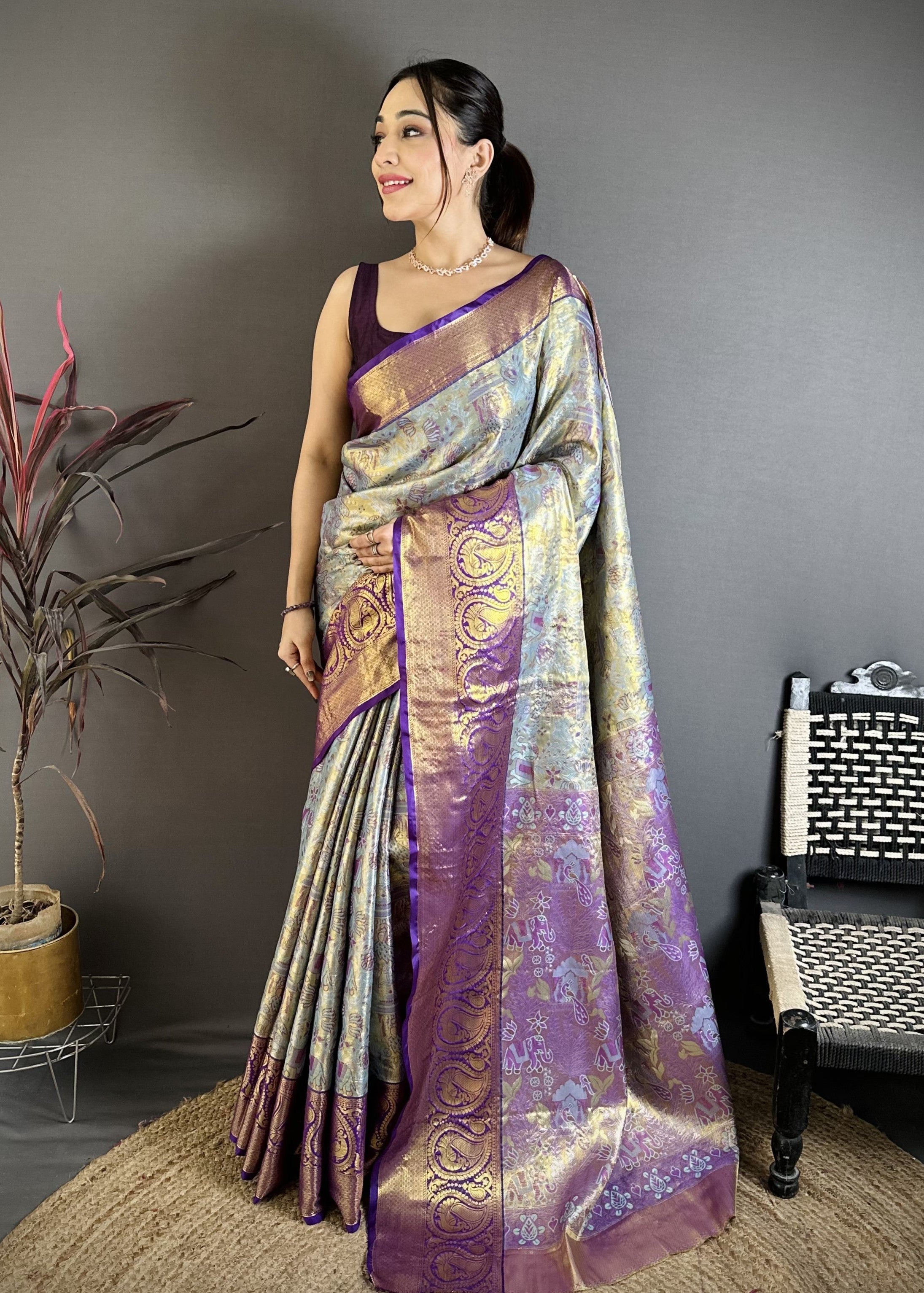 Purple & Ice Blue Bridal Kanjivaram Silk Saree