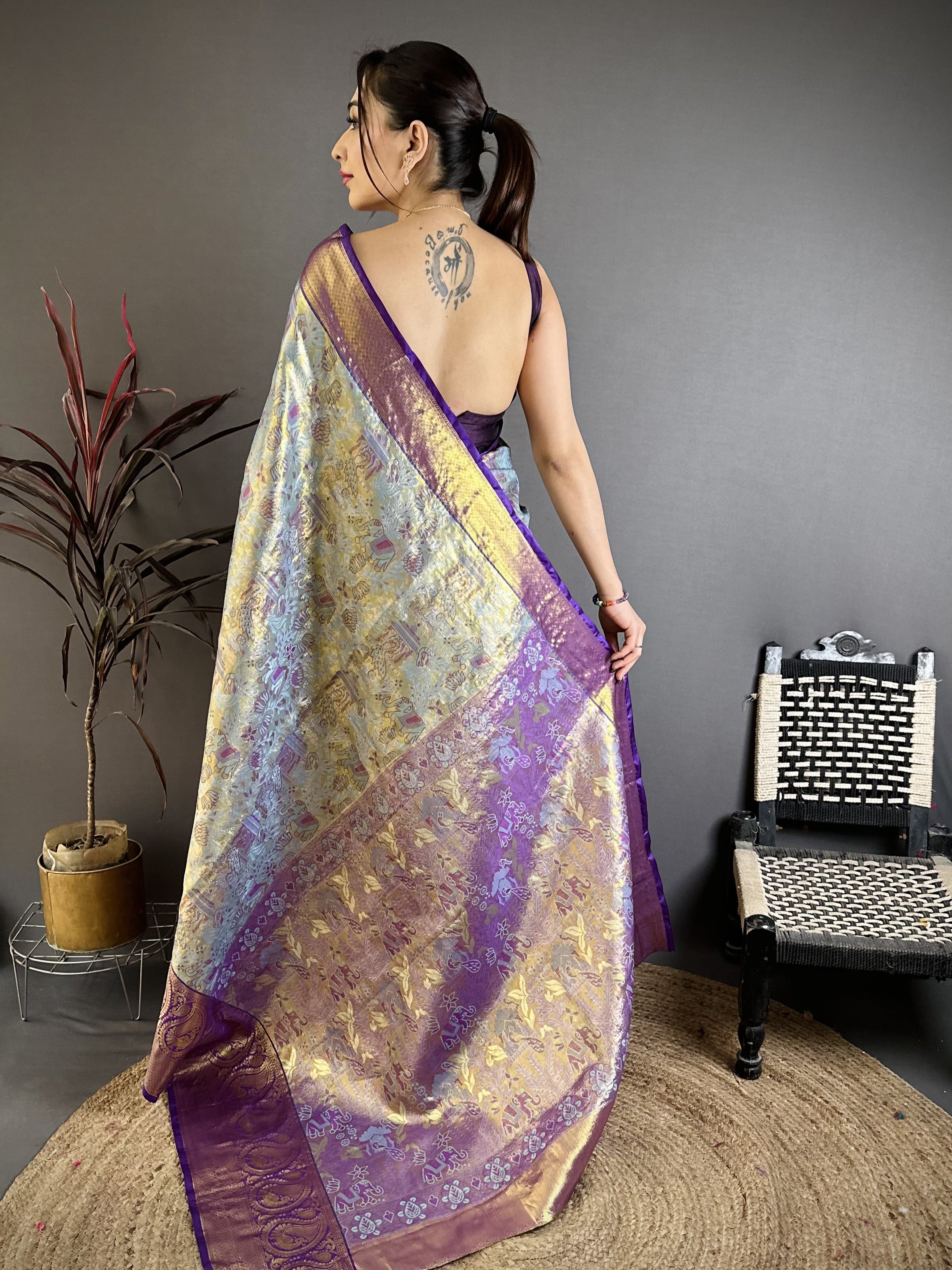 Purple & Ice Blue Bridal Kanjivaram Silk Saree