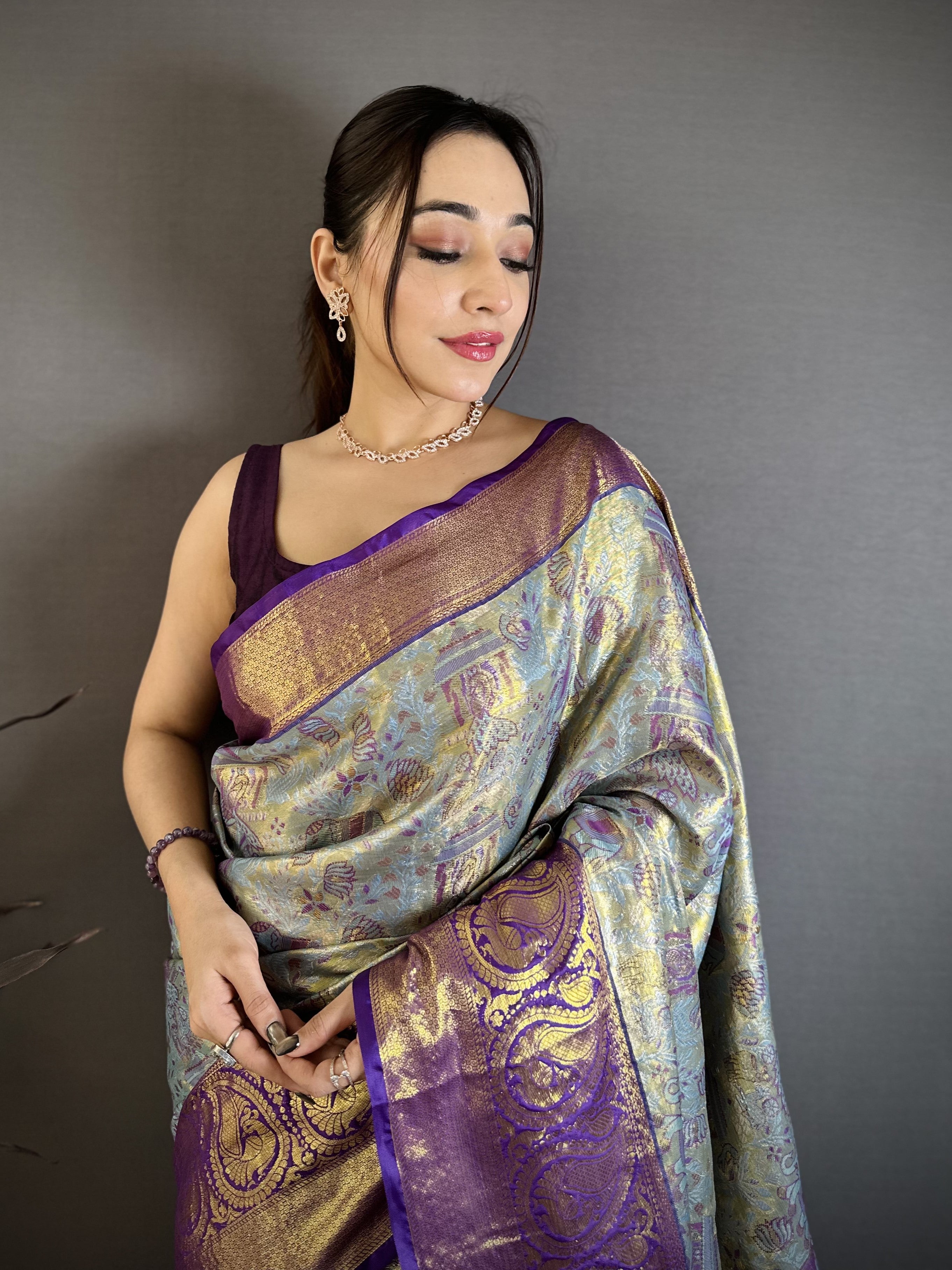 Purple & Ice Blue Bridal Kanjivaram Silk Saree