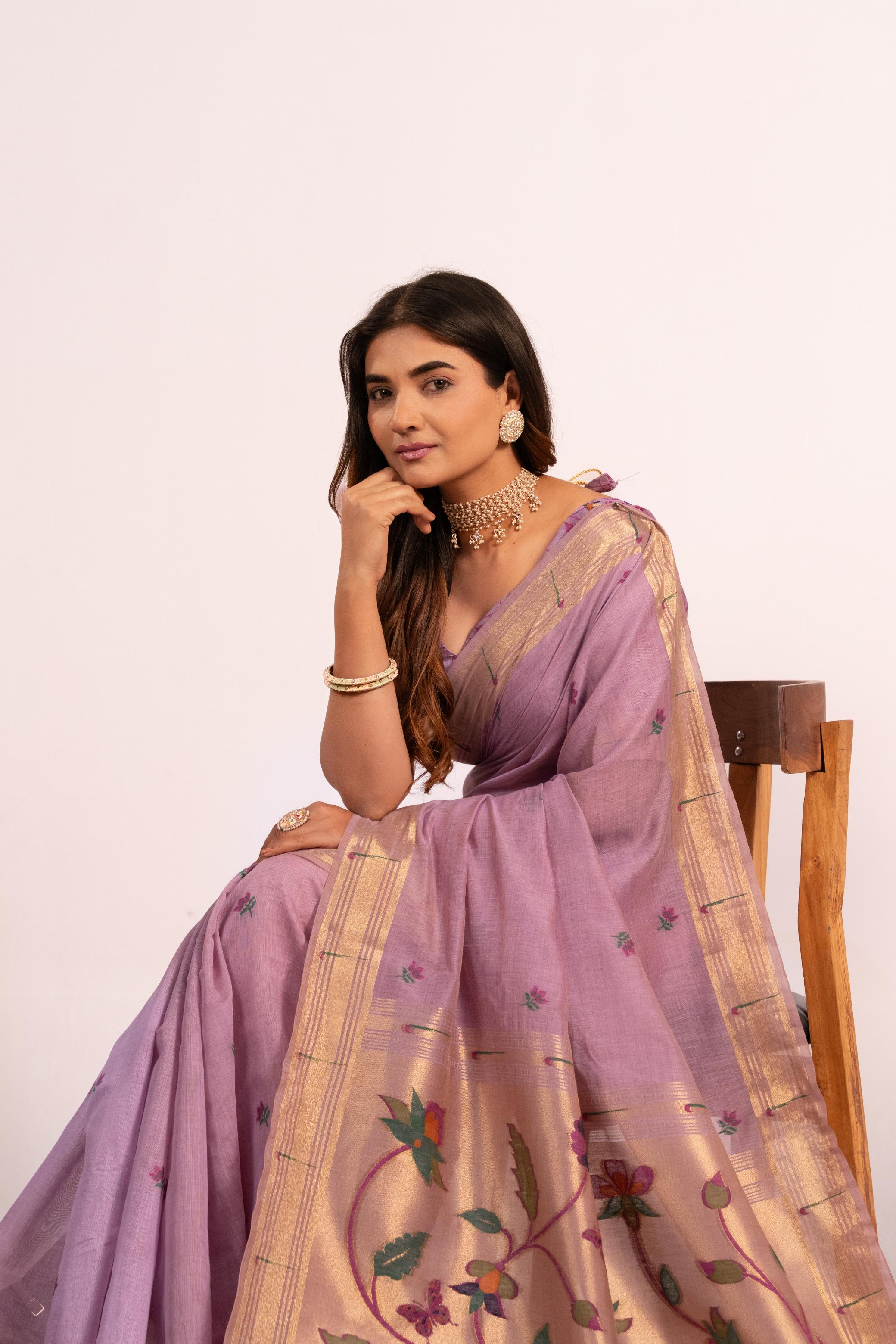 Purple Muga Cotton Paithani Saree