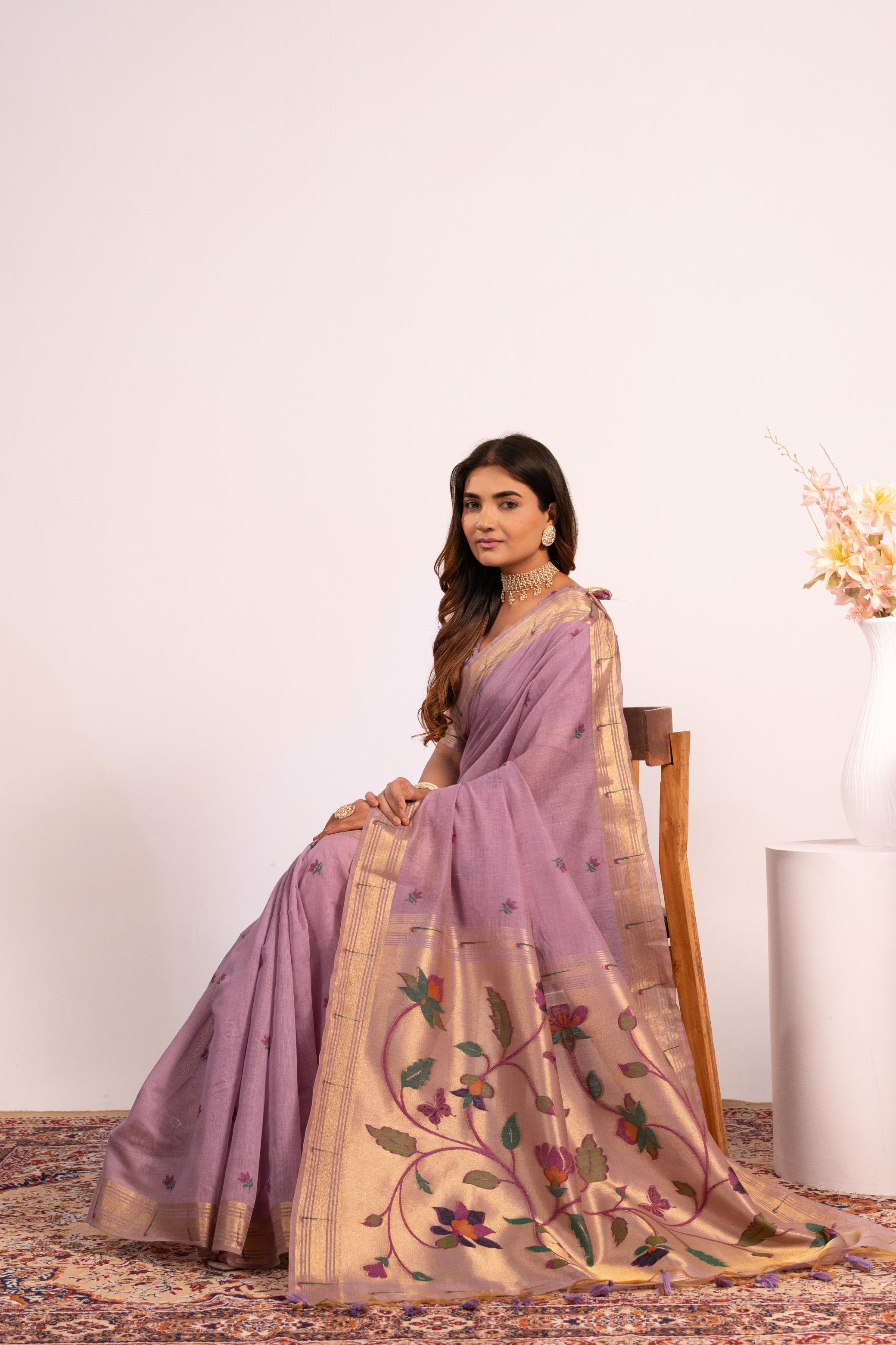 Purple Muga Cotton Paithani Saree