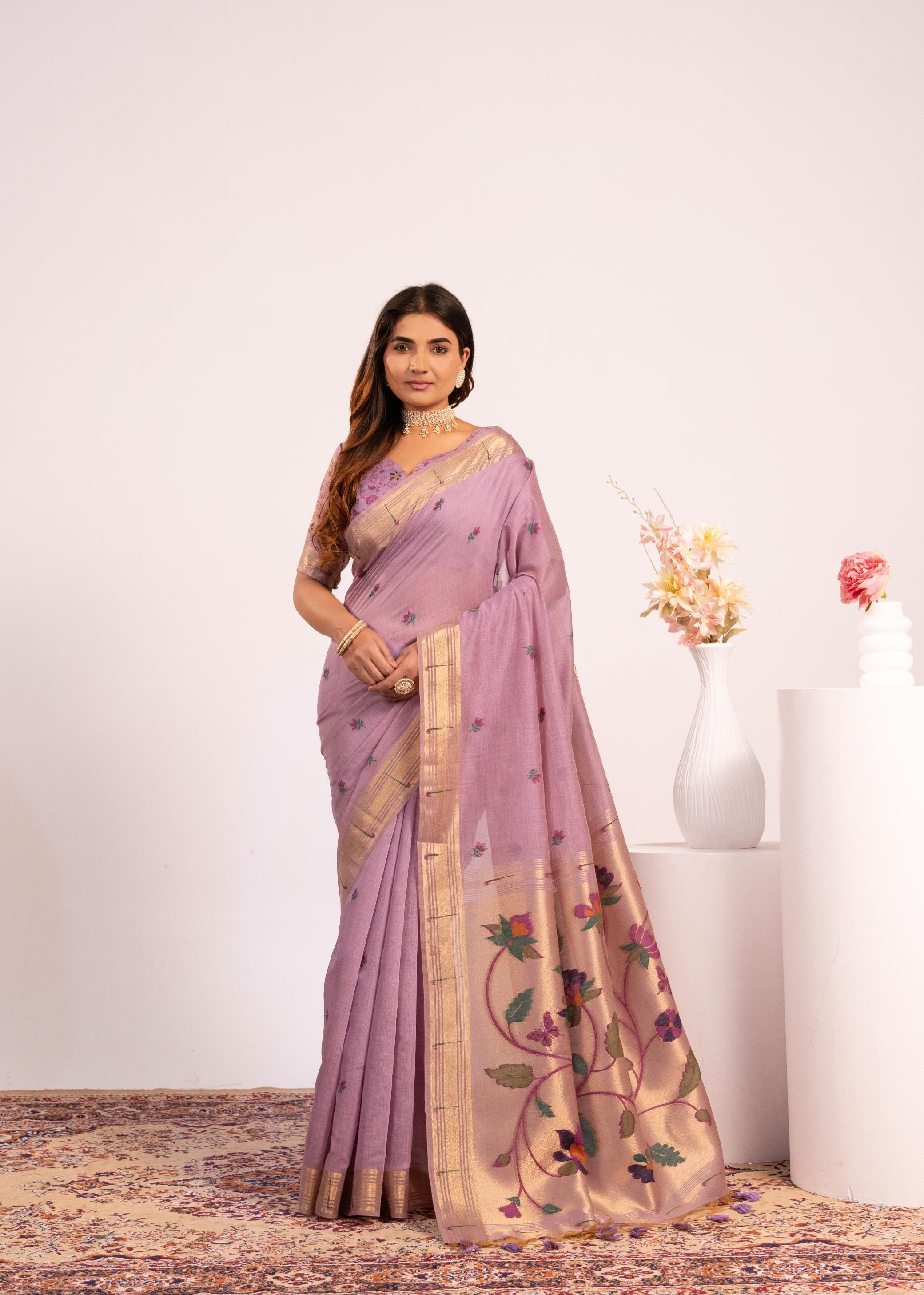 Purple Muga Cotton Paithani Saree