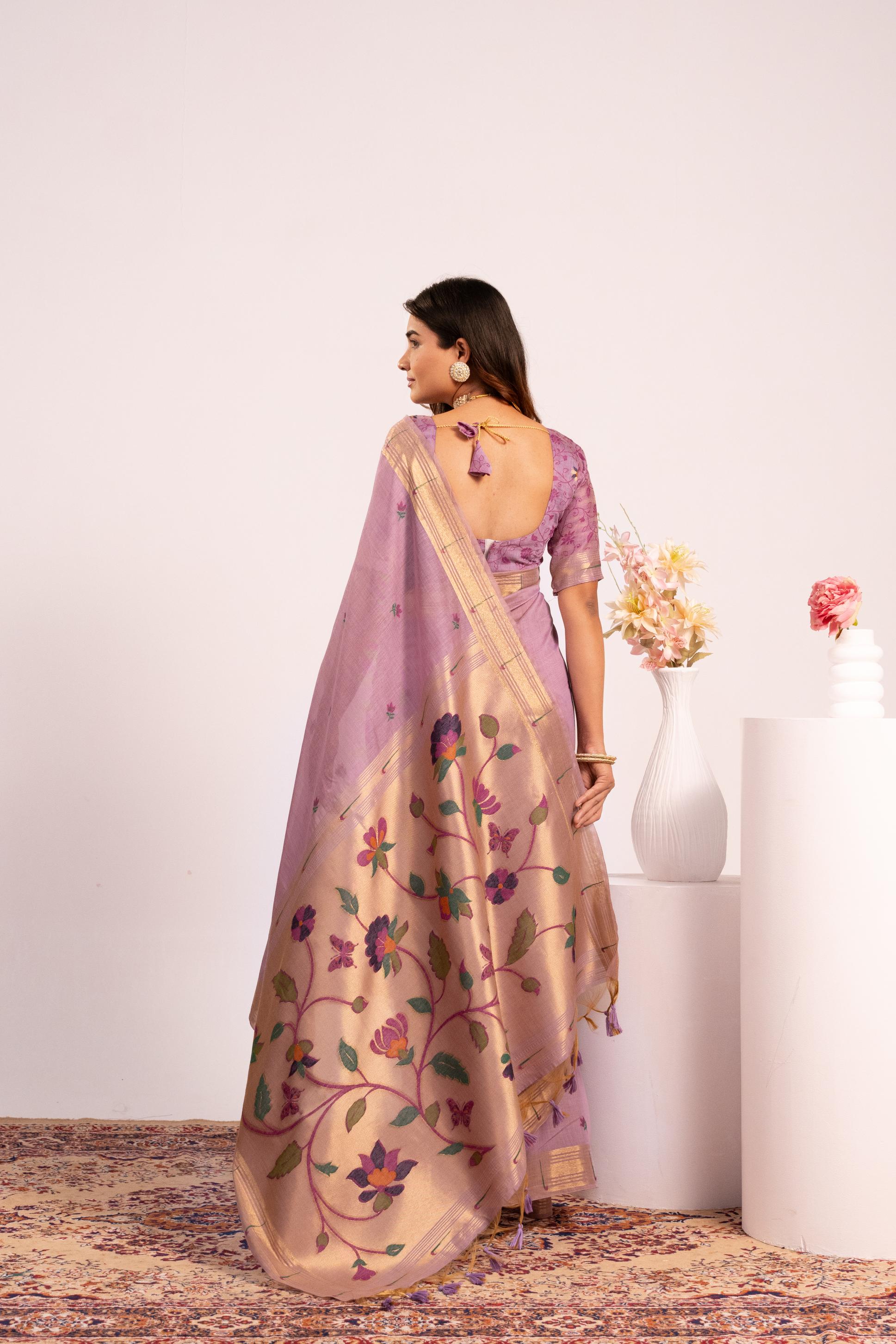 Purple Muga Cotton Paithani Saree