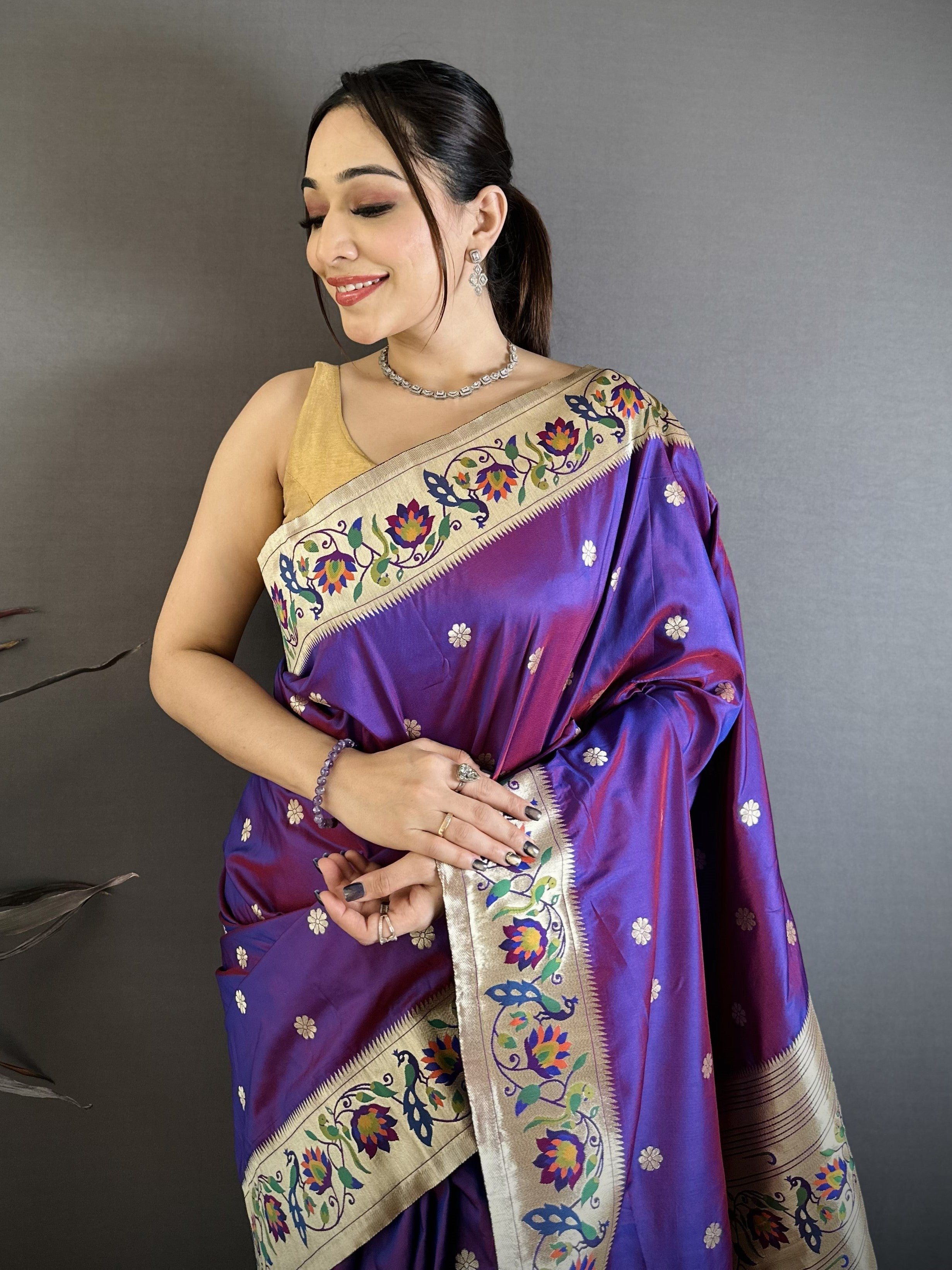 Purple Shine Silk Weaving Paithani Silk Saree