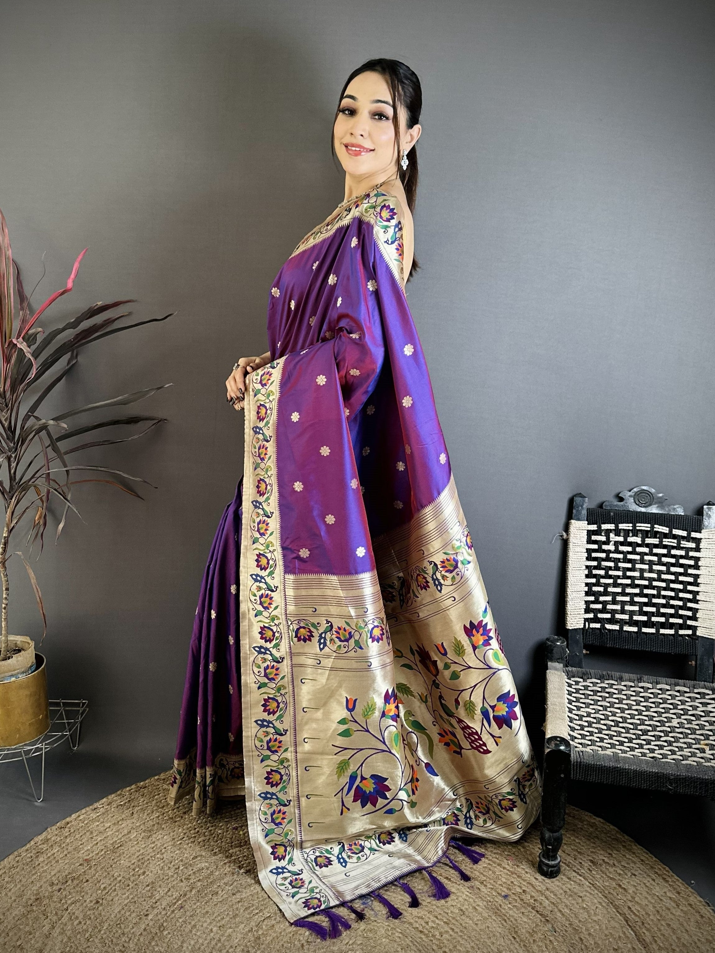 Purple Shine Silk Weaving Paithani Silk Saree
