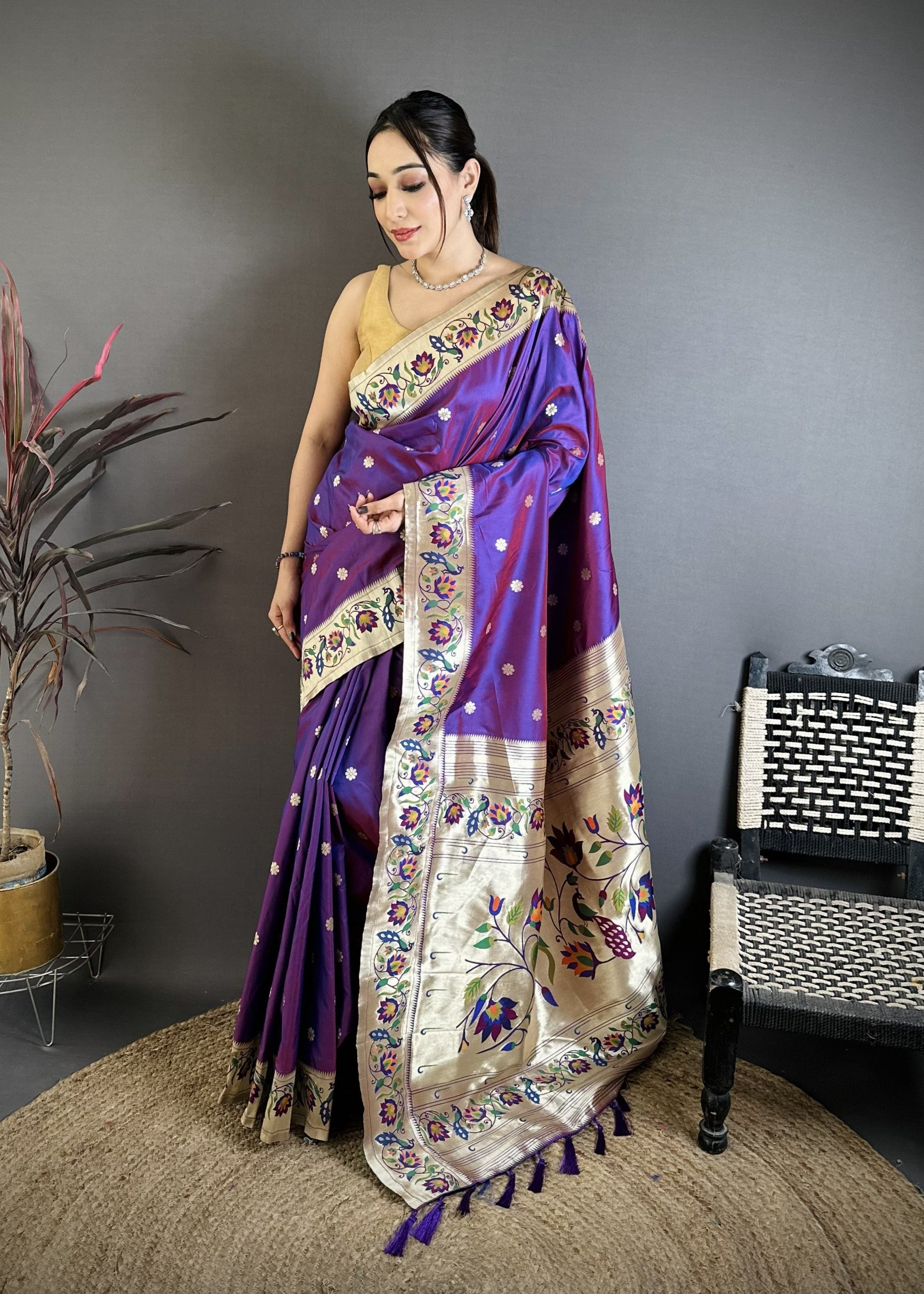Purple Shine Silk Weaving Paithani Silk Saree