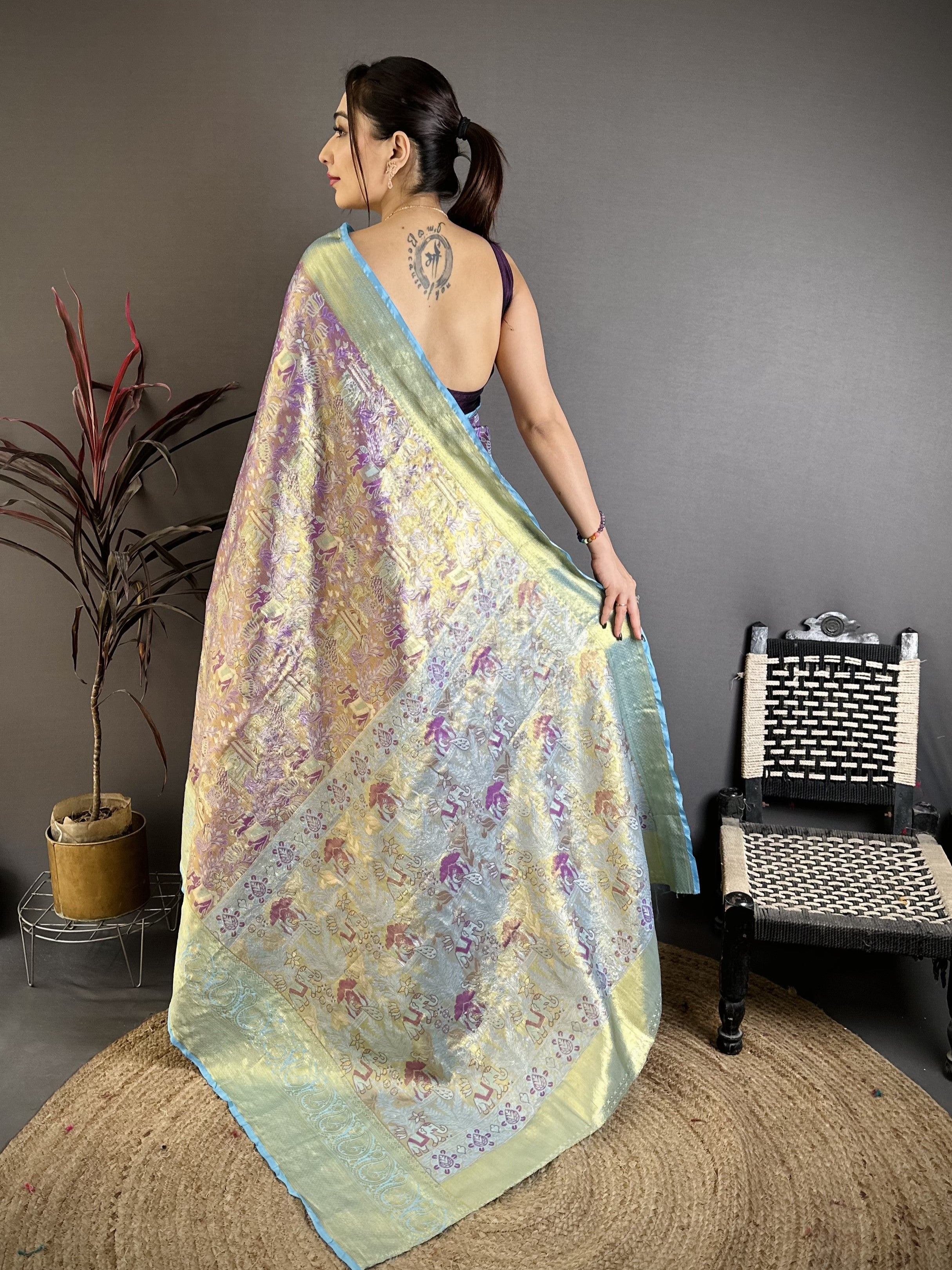Purple & Sky Blue Bridal Kanjivaram Silk Saree