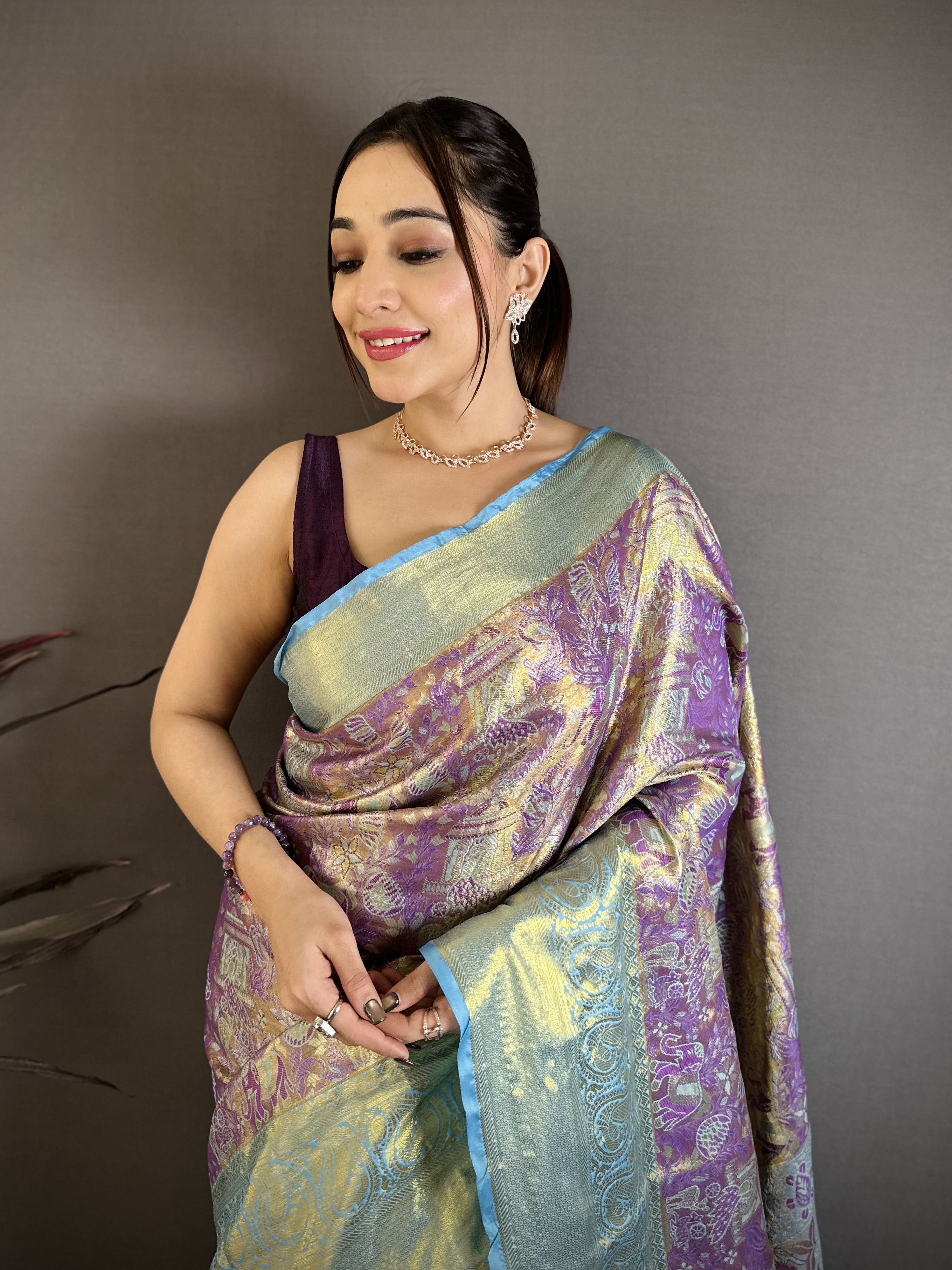 Purple & Sky Blue Bridal Kanjivaram Silk Saree