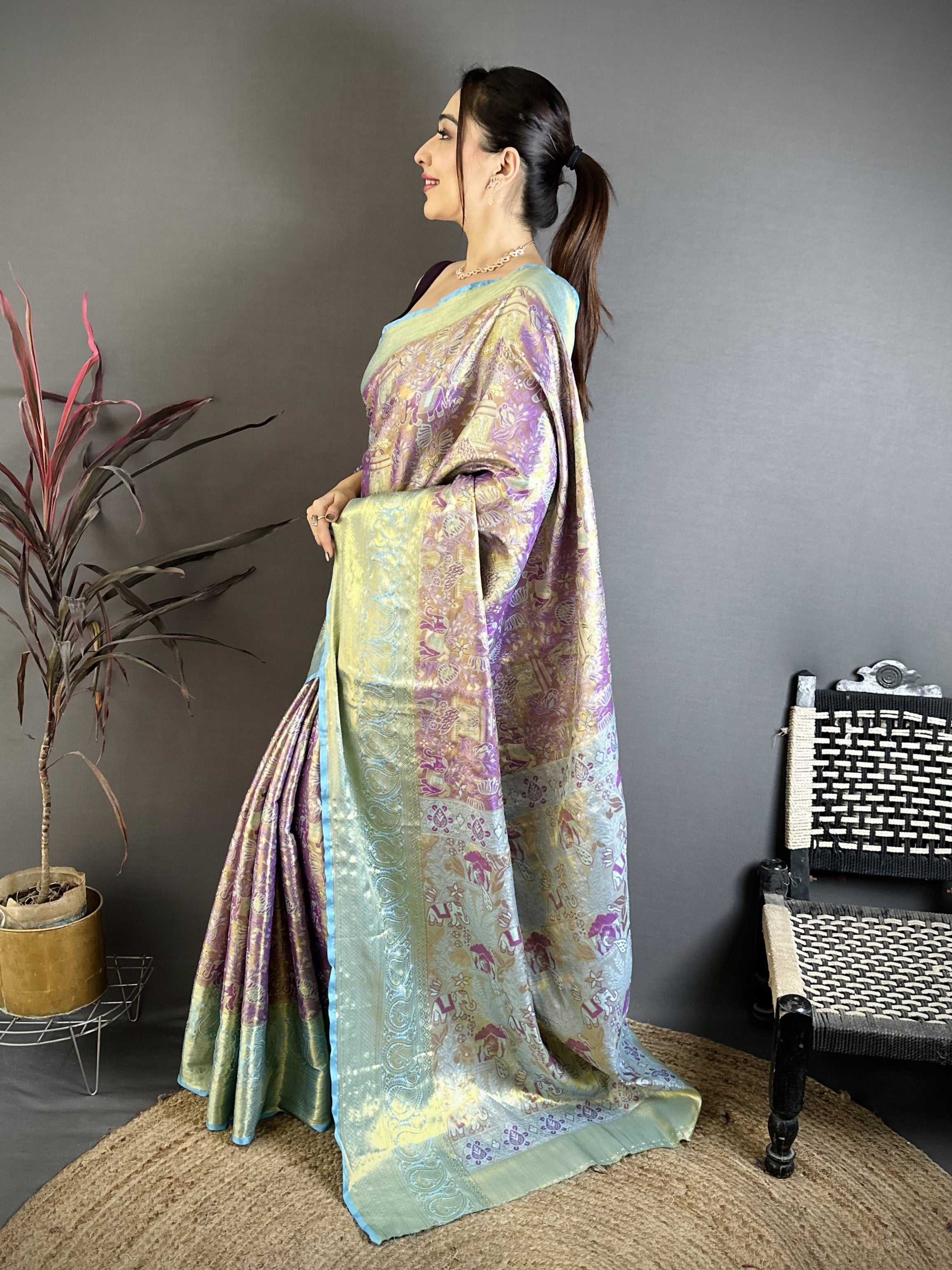 Purple & Sky Blue Bridal Kanjivaram Silk Saree