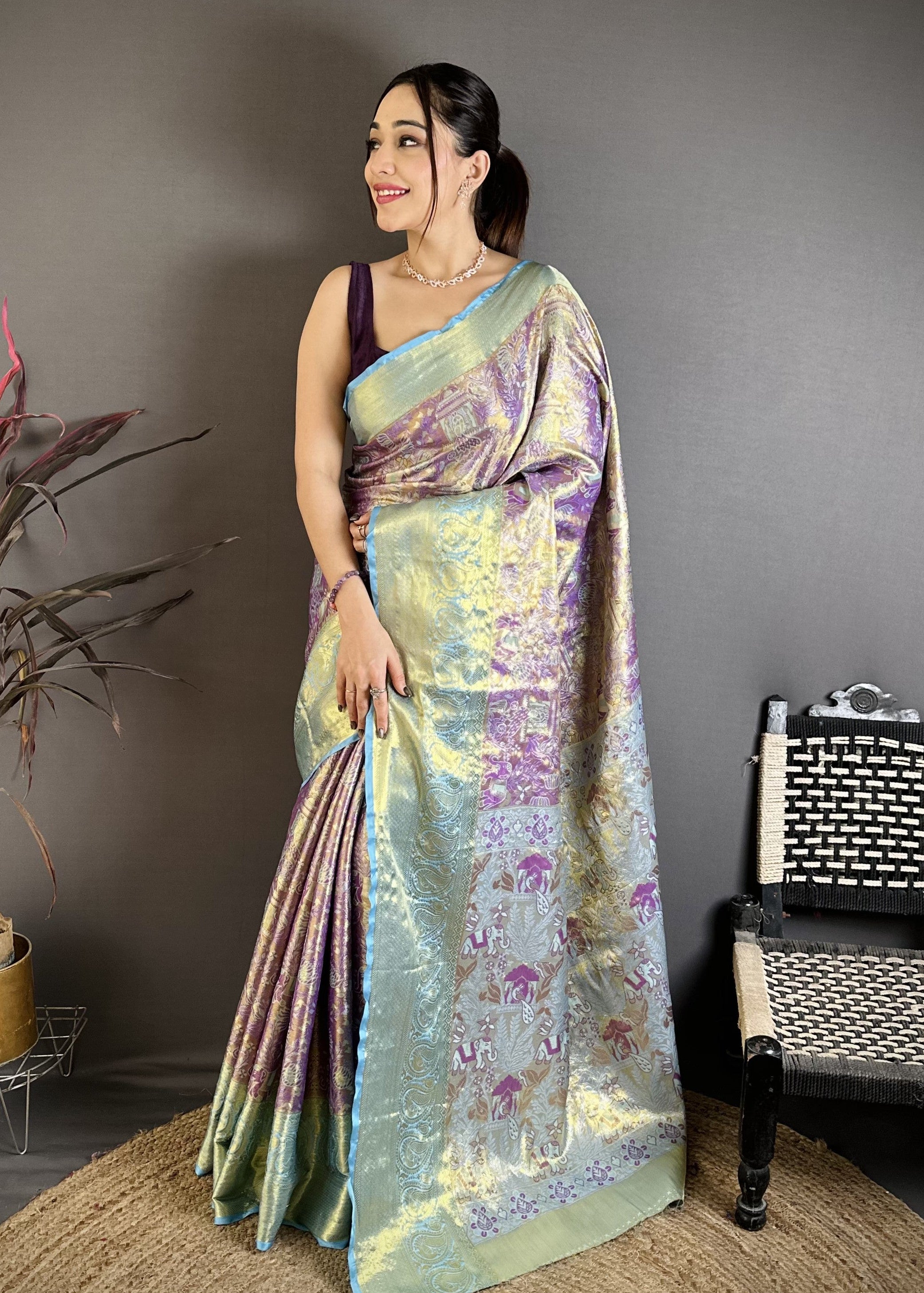Purple & Sky Blue Bridal Kanjivaram Silk Saree