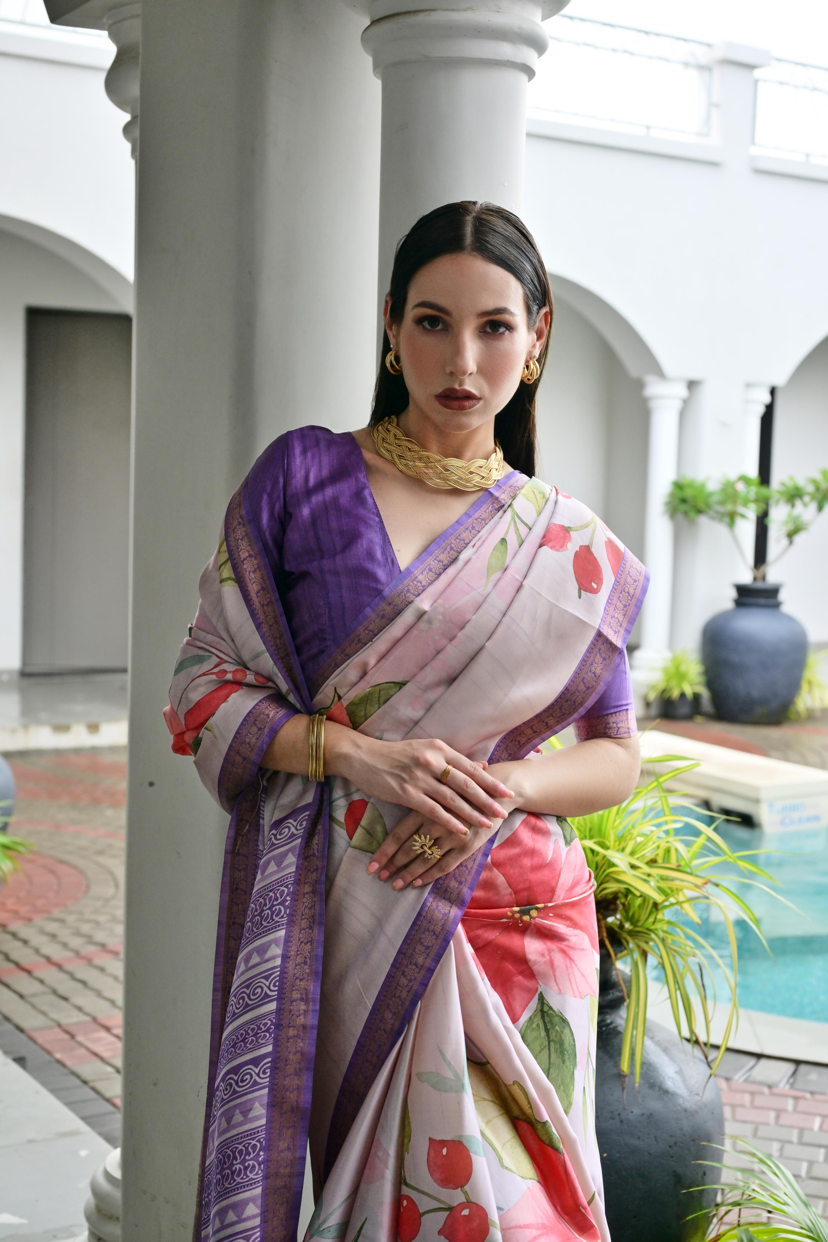 Purple Stylish Pure Satin Silk Saree