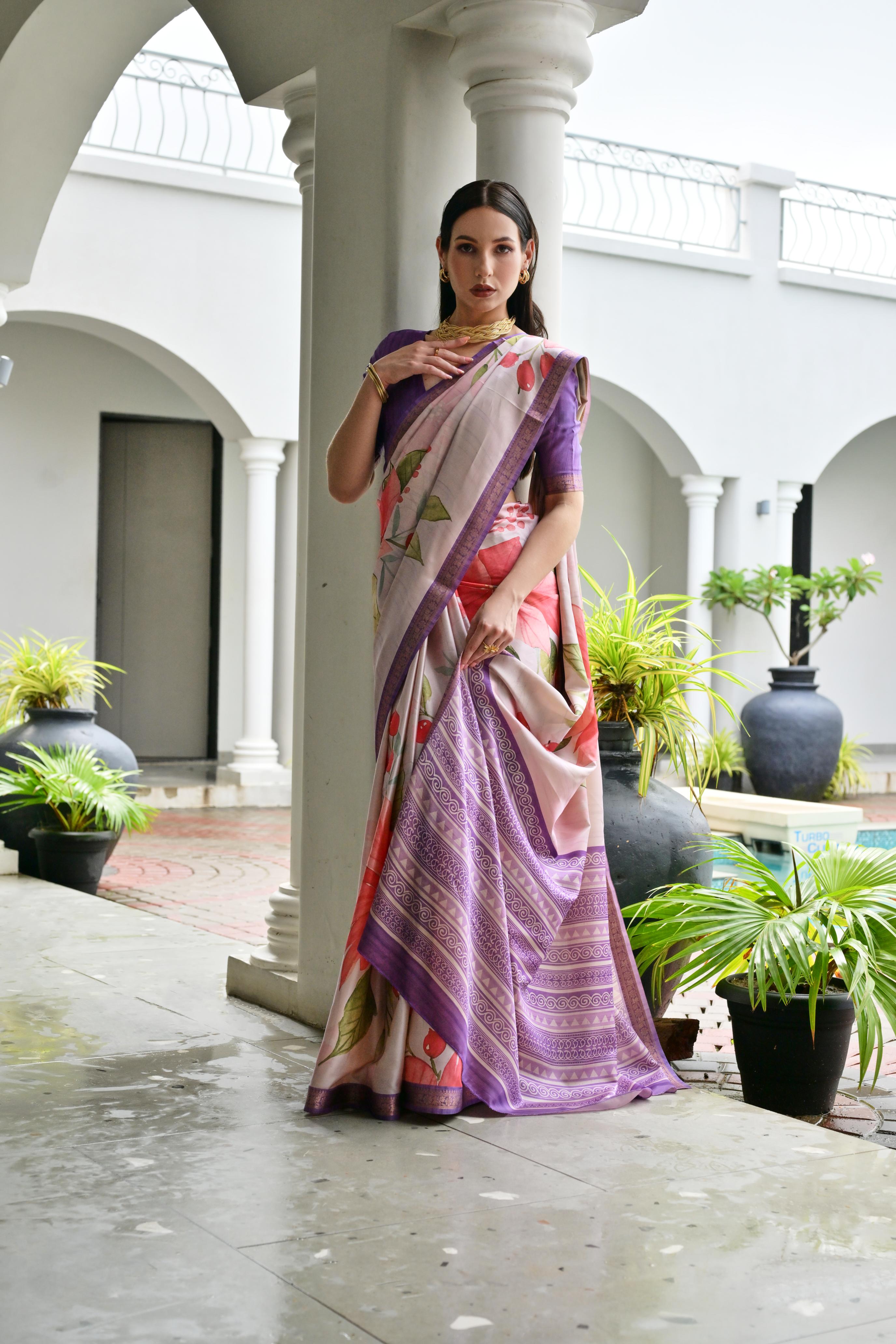Purple Stylish Pure Satin Silk Saree