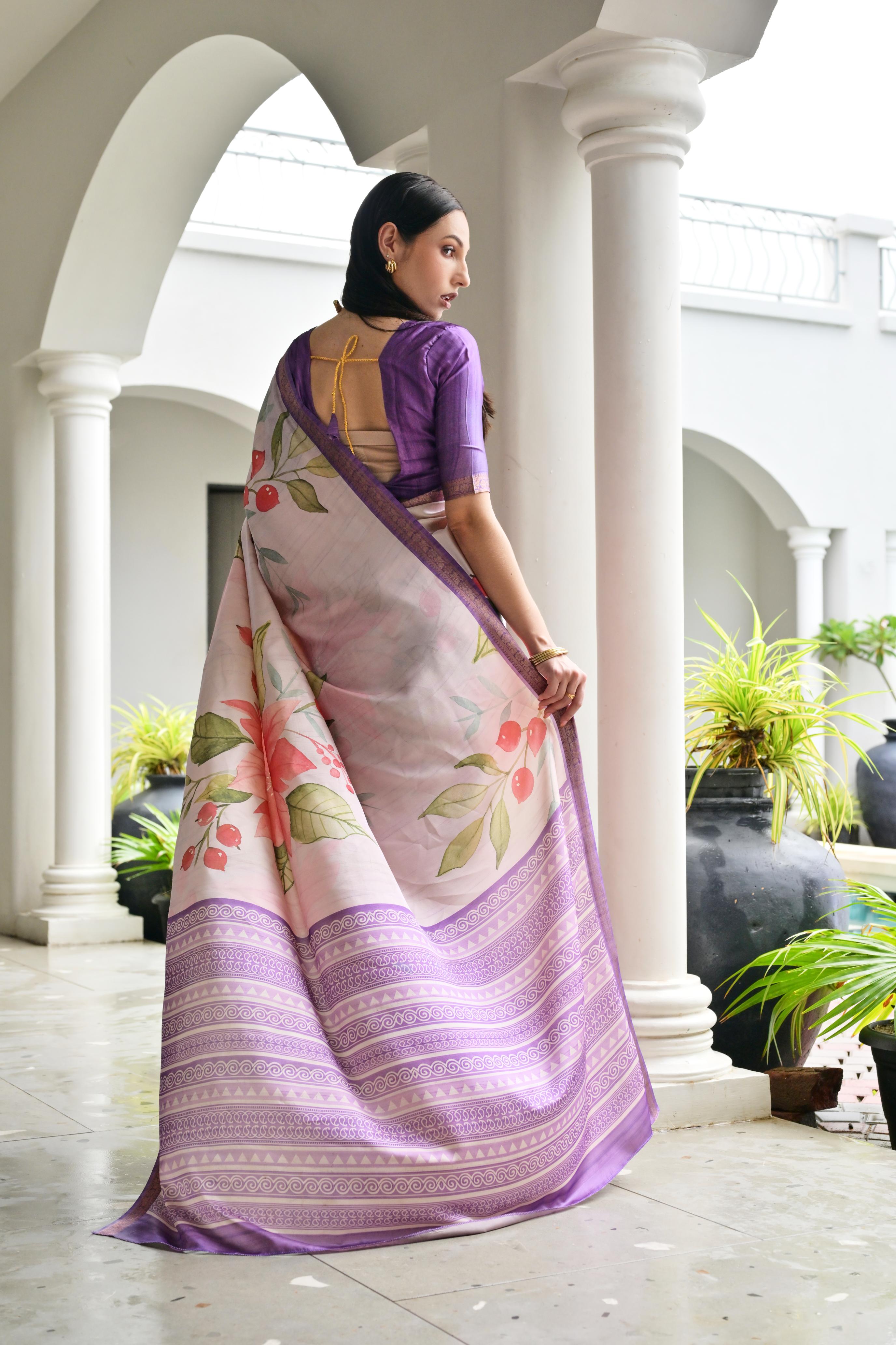 Purple Stylish Pure Satin Silk Saree