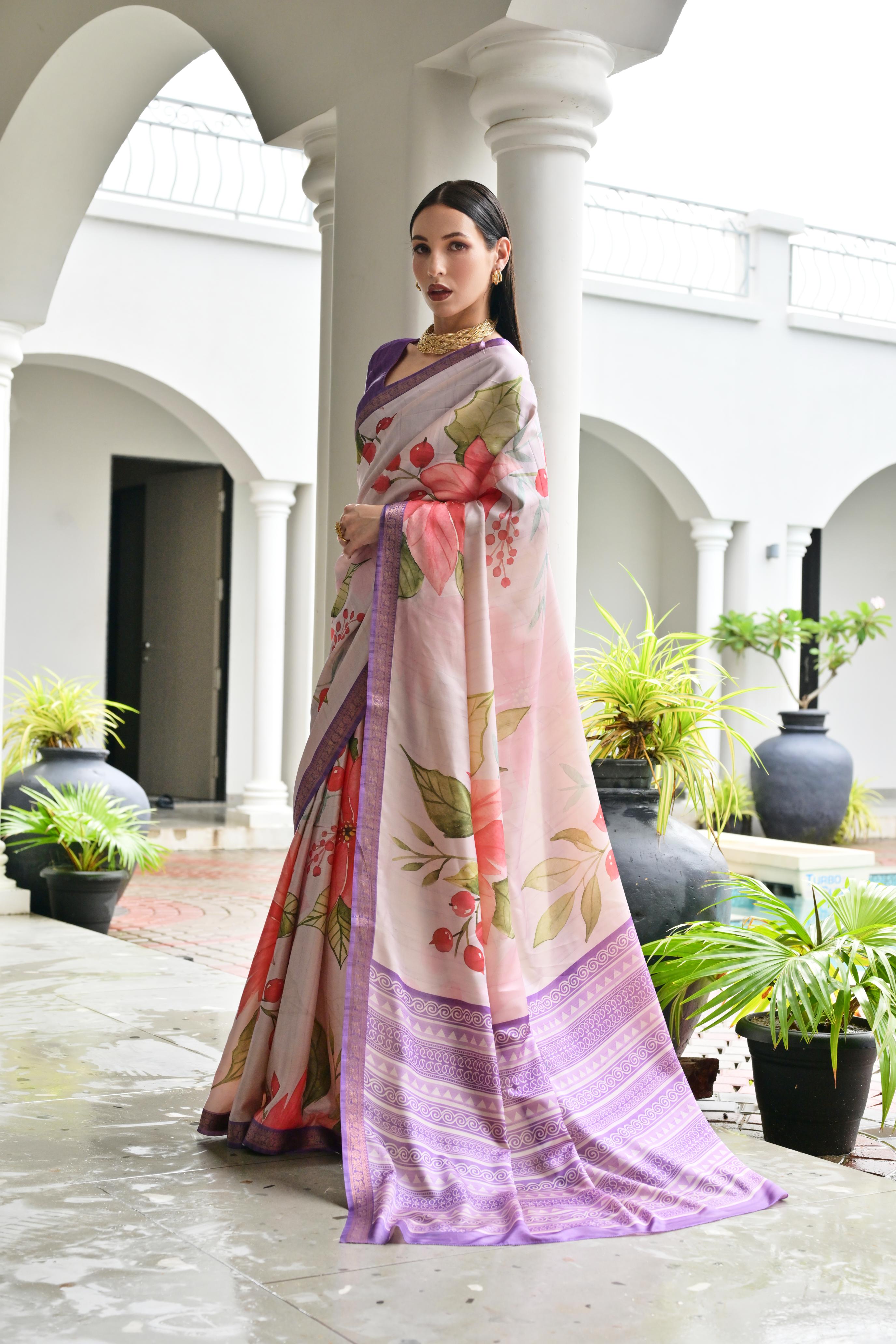Purple Stylish Pure Satin Silk Saree