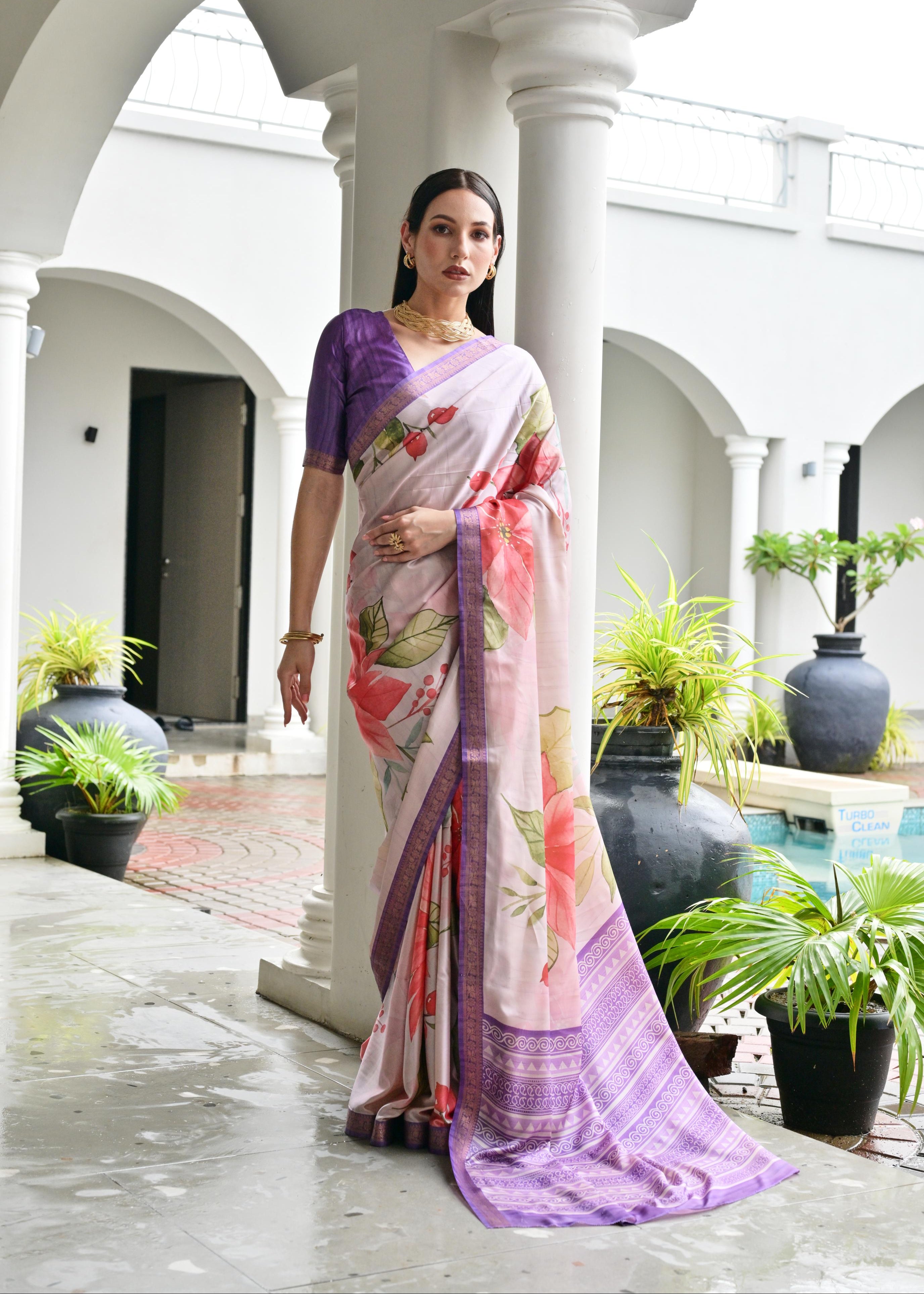Purple Stylish Pure Satin Silk Saree