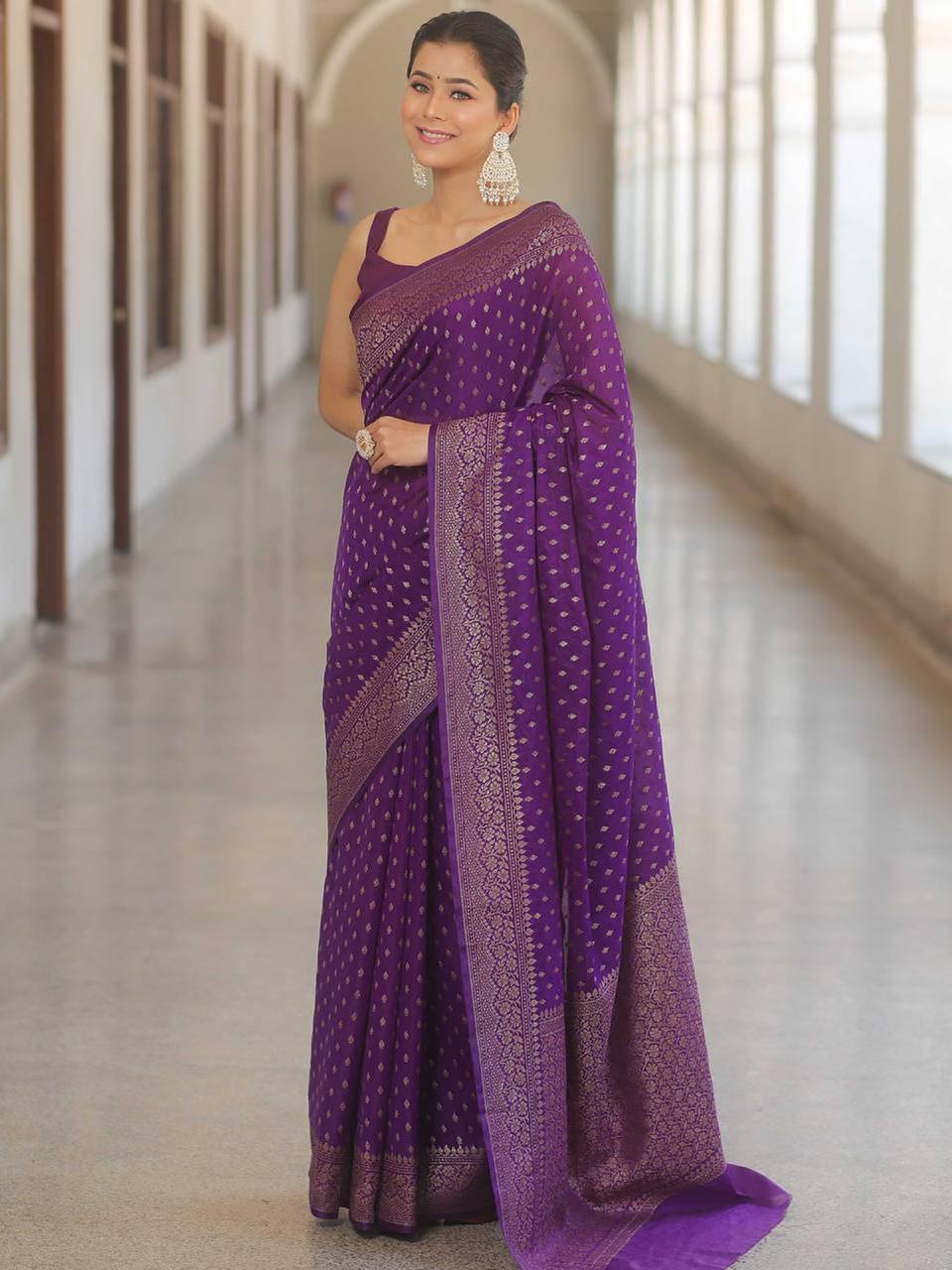 Purple Traditional Lichi Silk Saree