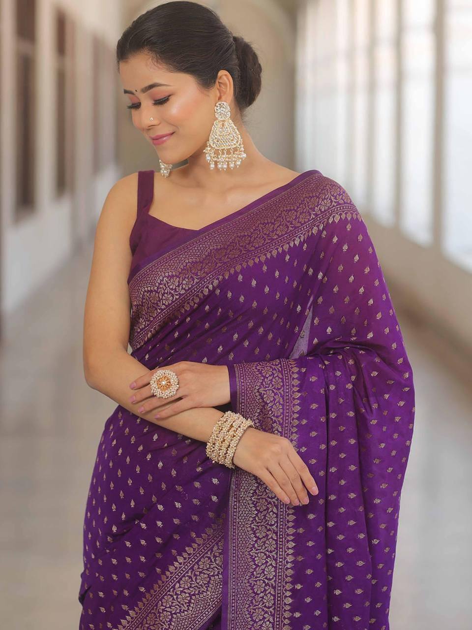 Purple Traditional Lichi Silk Saree