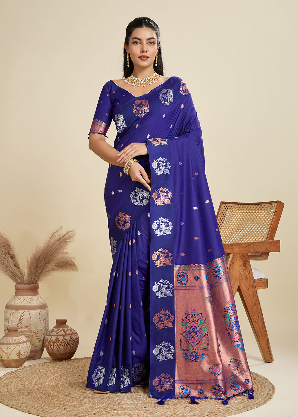 Purplish Blue Pure Soft Kanjivaram Paithani Silk Saree