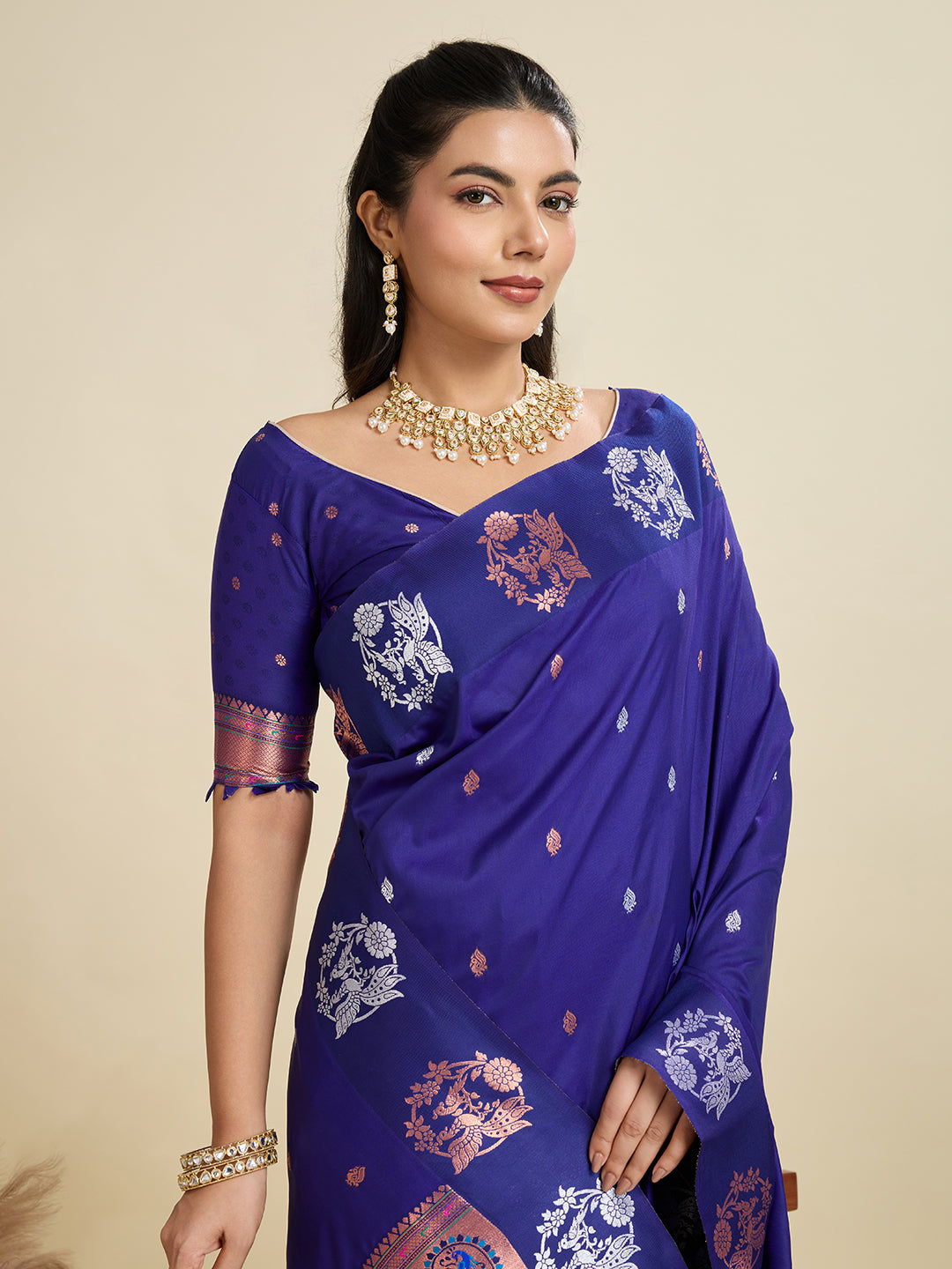 Purplish Blue Pure Soft Kanjivaram Paithani Silk Saree