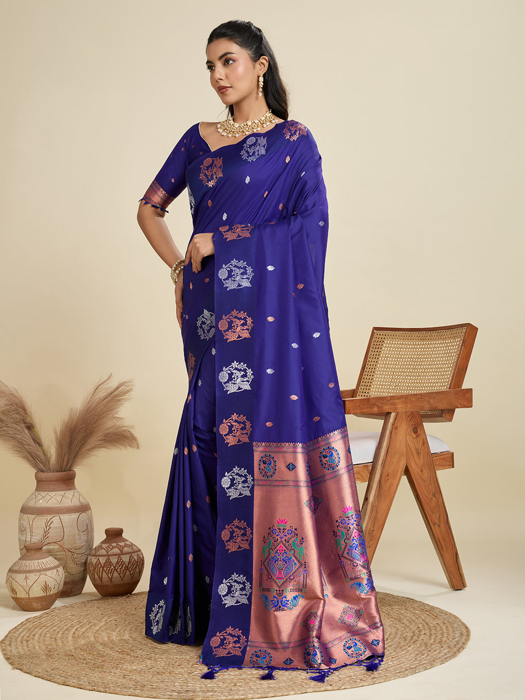 Purplish Blue Pure Soft Kanjivaram Paithani Silk Saree