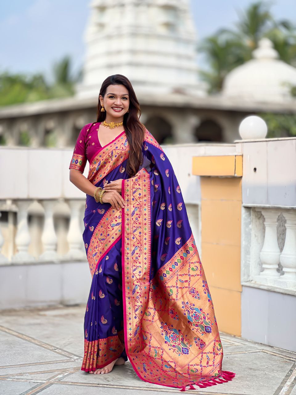 Purply Blue Wedding Wear Soft Paithani Silk Saree