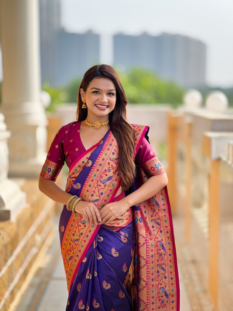 Purply Blue Wedding Wear Soft Paithani Silk Saree