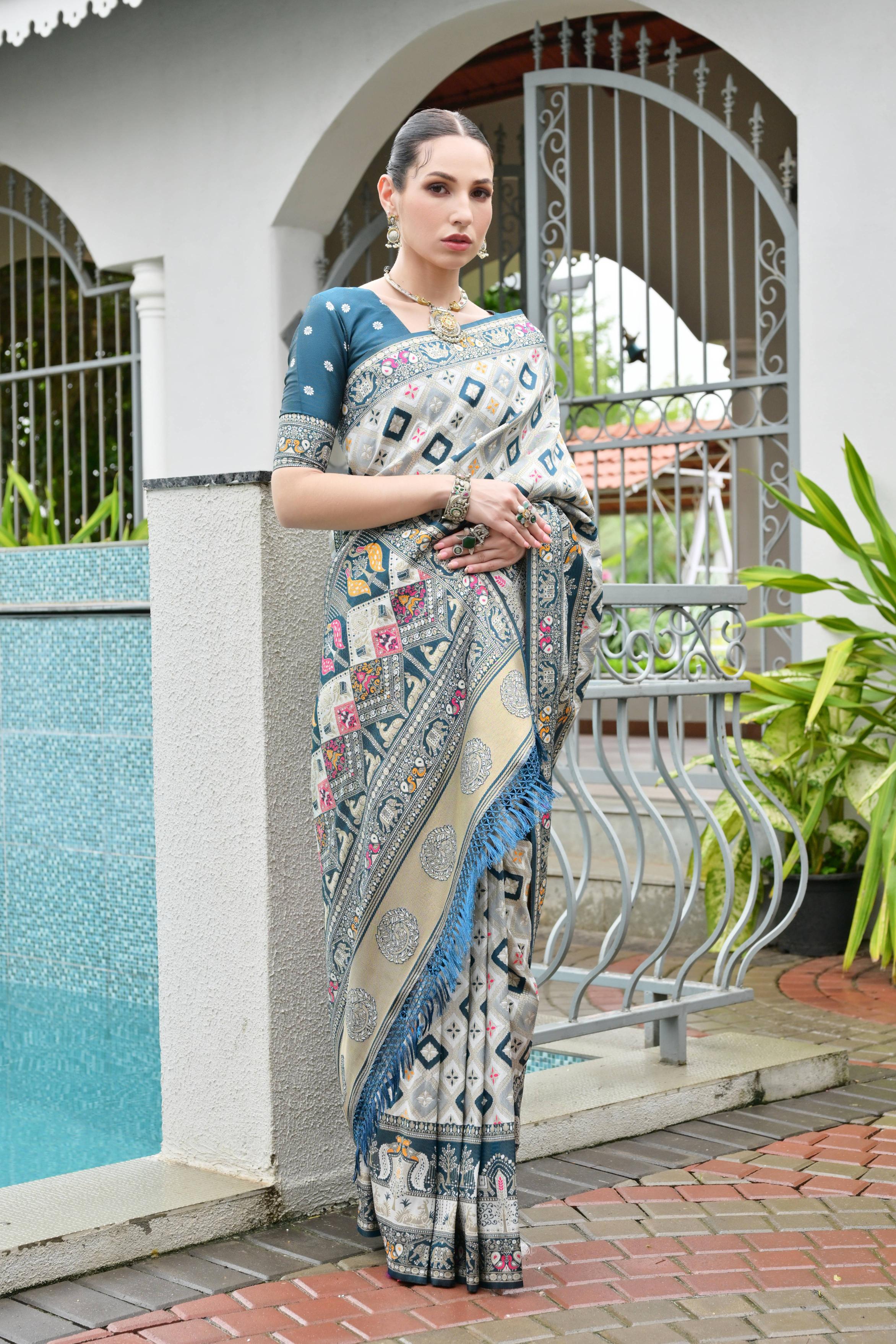 Rama Soft Banarasi Silk Patola And Ajarakh Saree