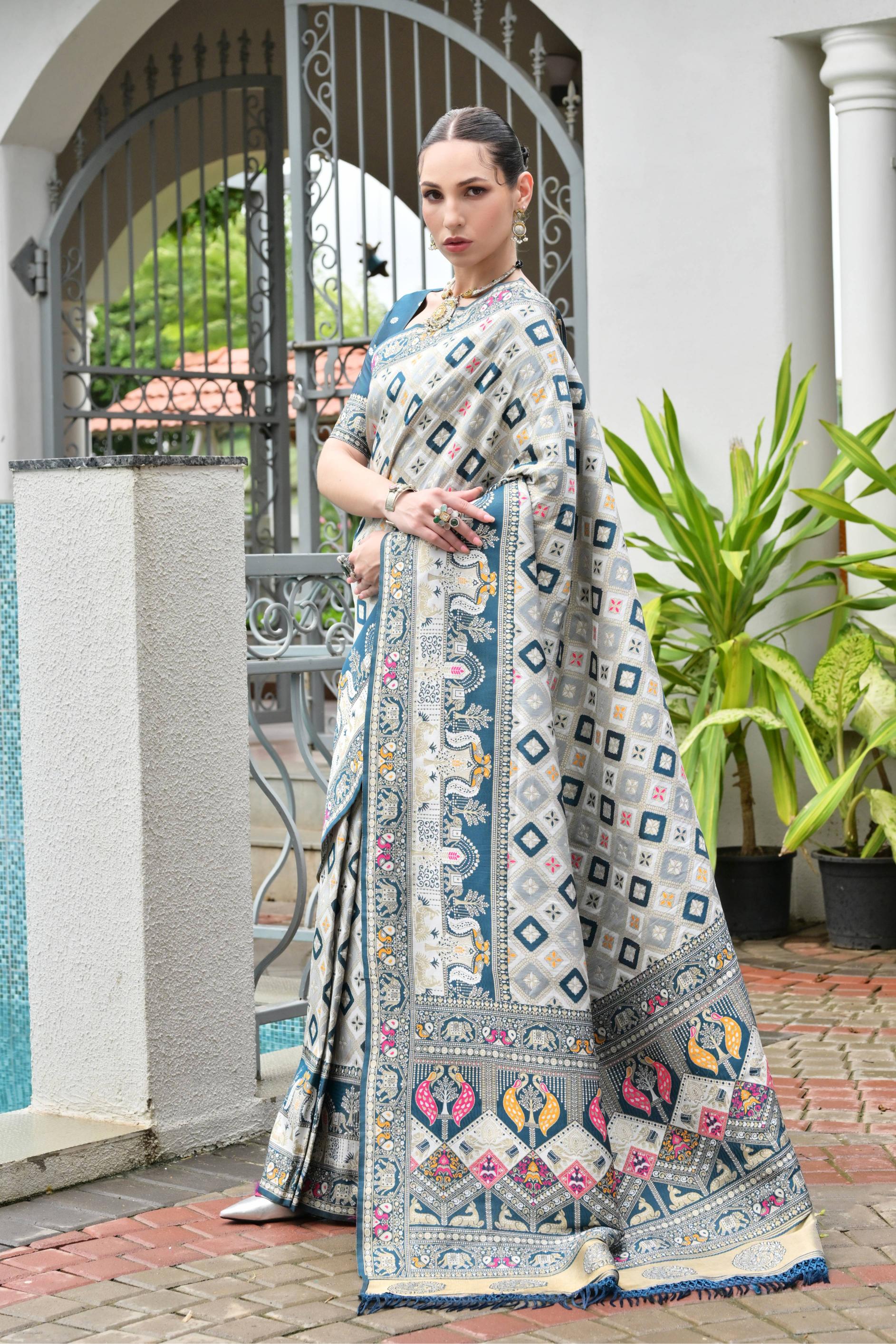 Rama Soft Banarasi Silk Patola And Ajarakh Saree