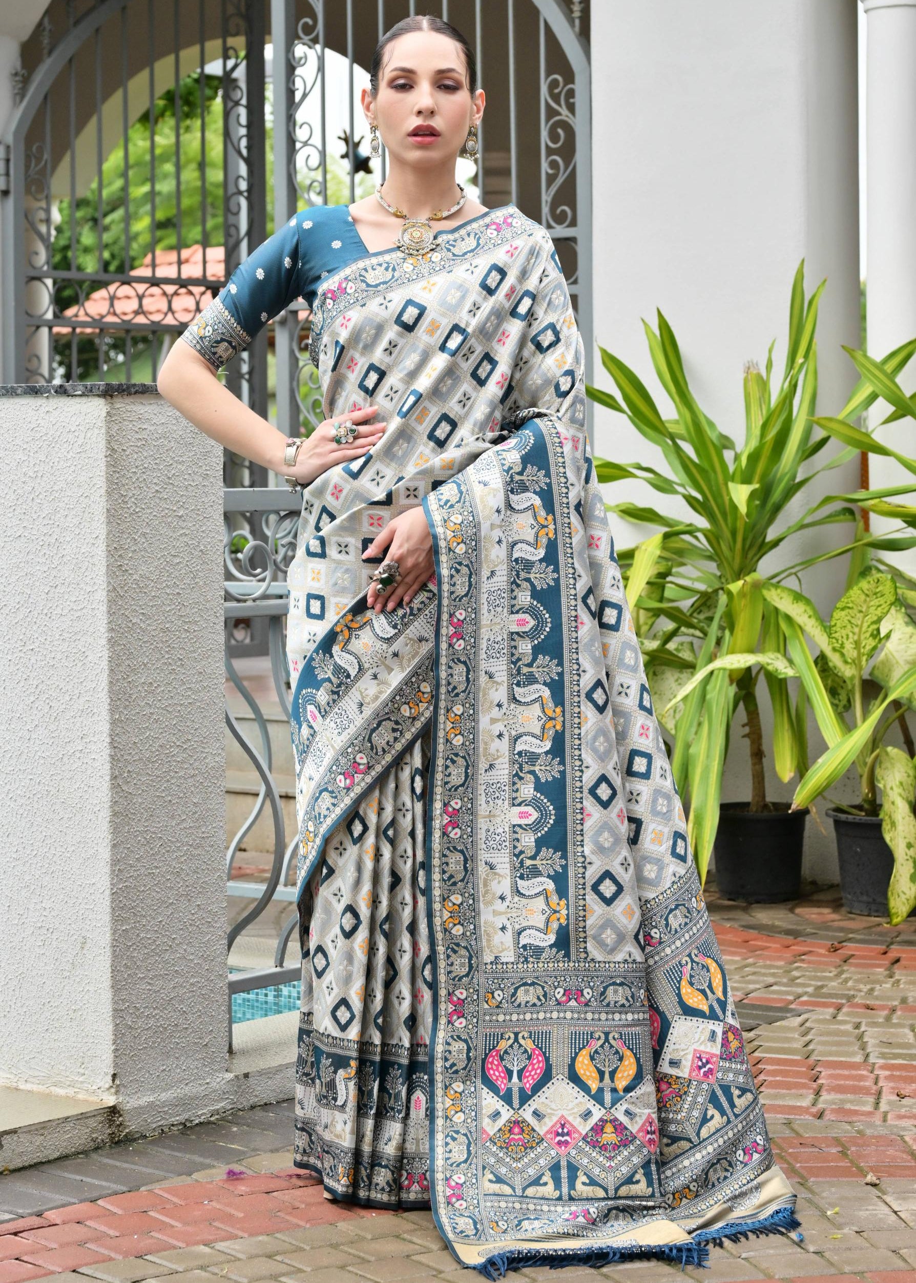 Rama Soft Banarasi Silk Patola And Ajarakh Saree
