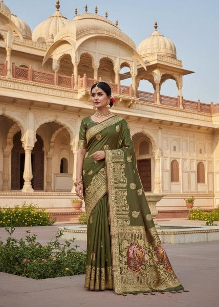 Camo Green Banarasi Silk Paithani Saree