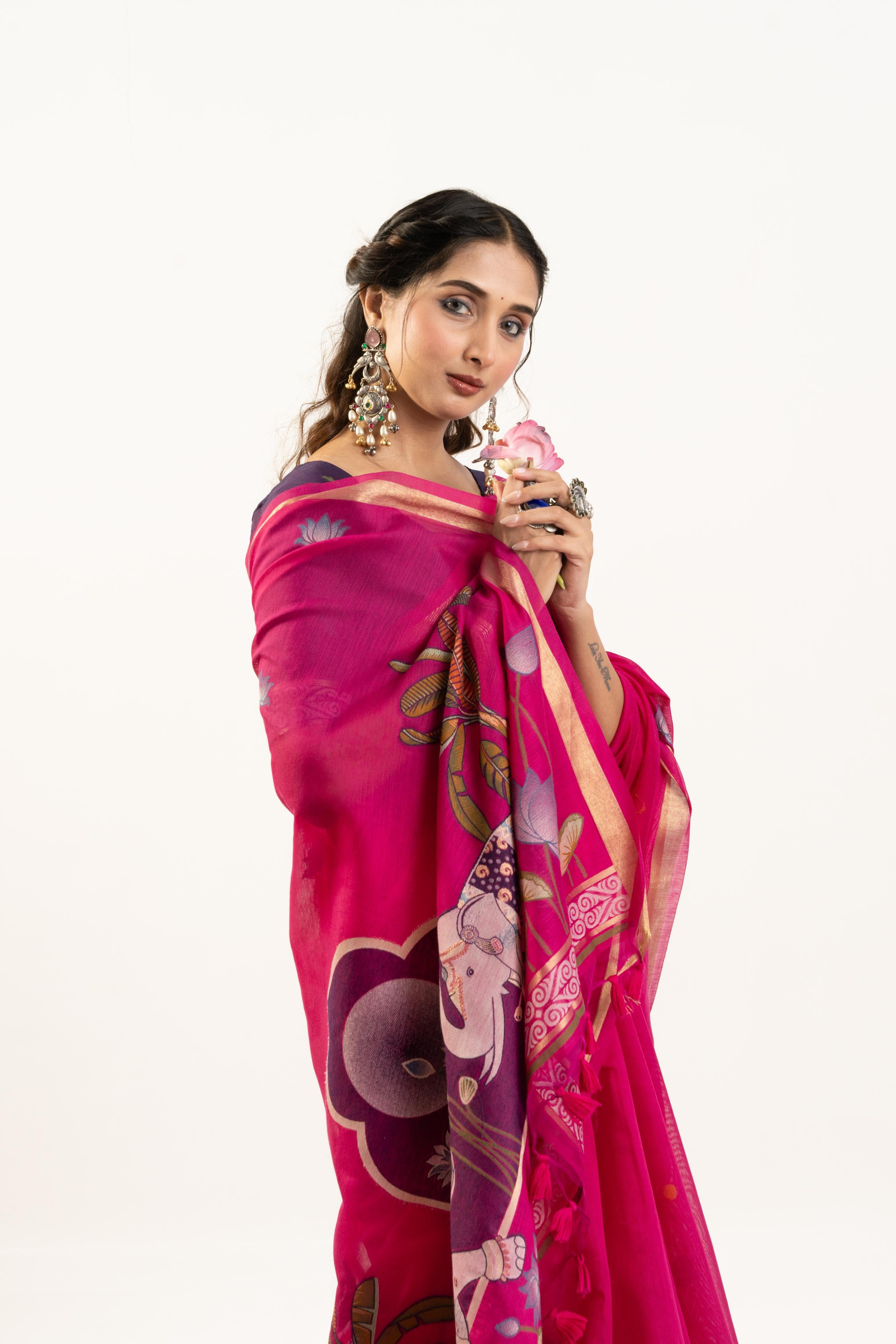 Rani Pink Designer Muga Cotton Saree