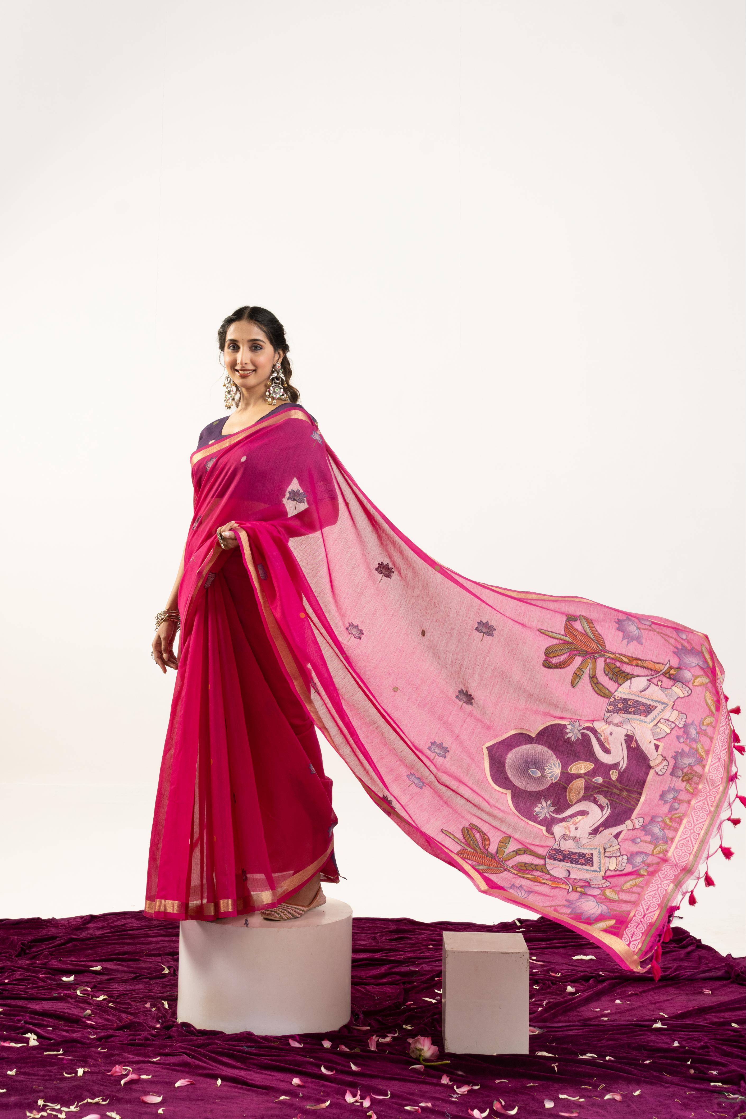 Rani Pink Designer Muga Cotton Saree