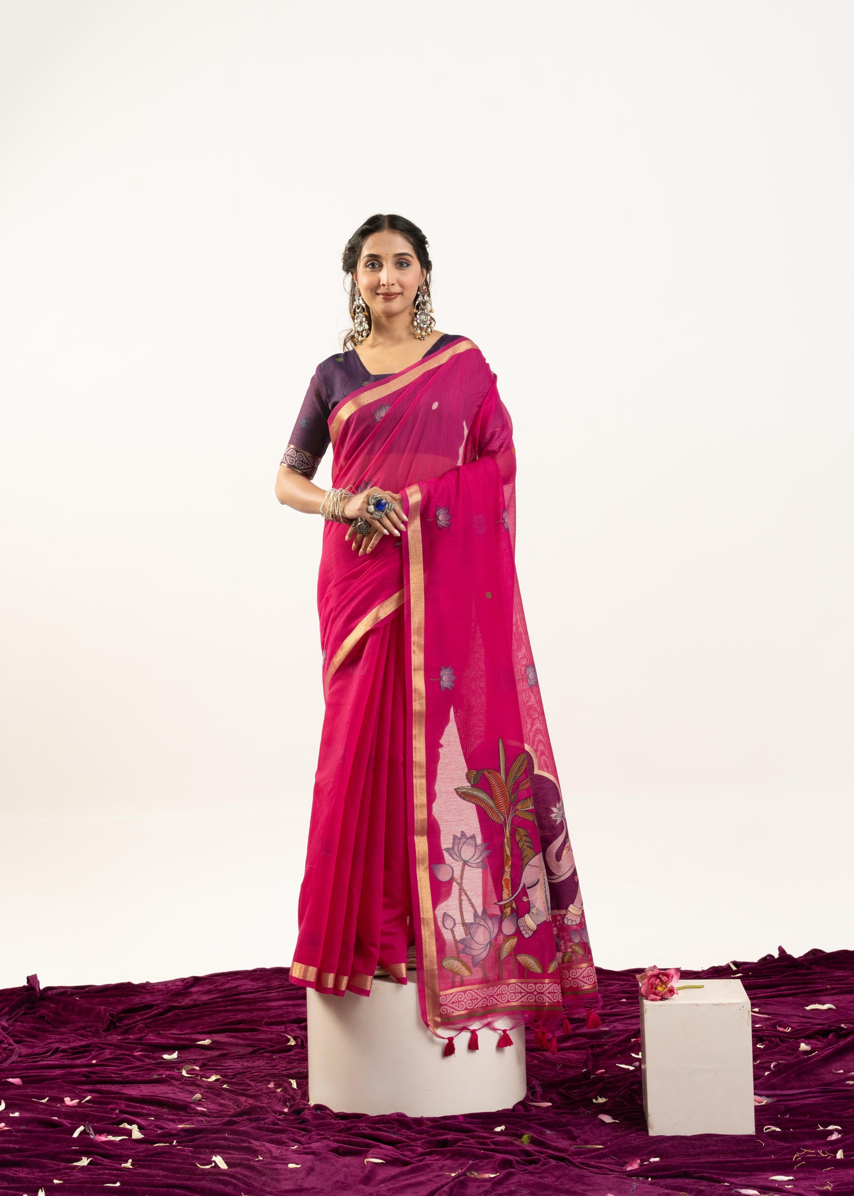 Rani Pink Designer Muga Cotton Saree