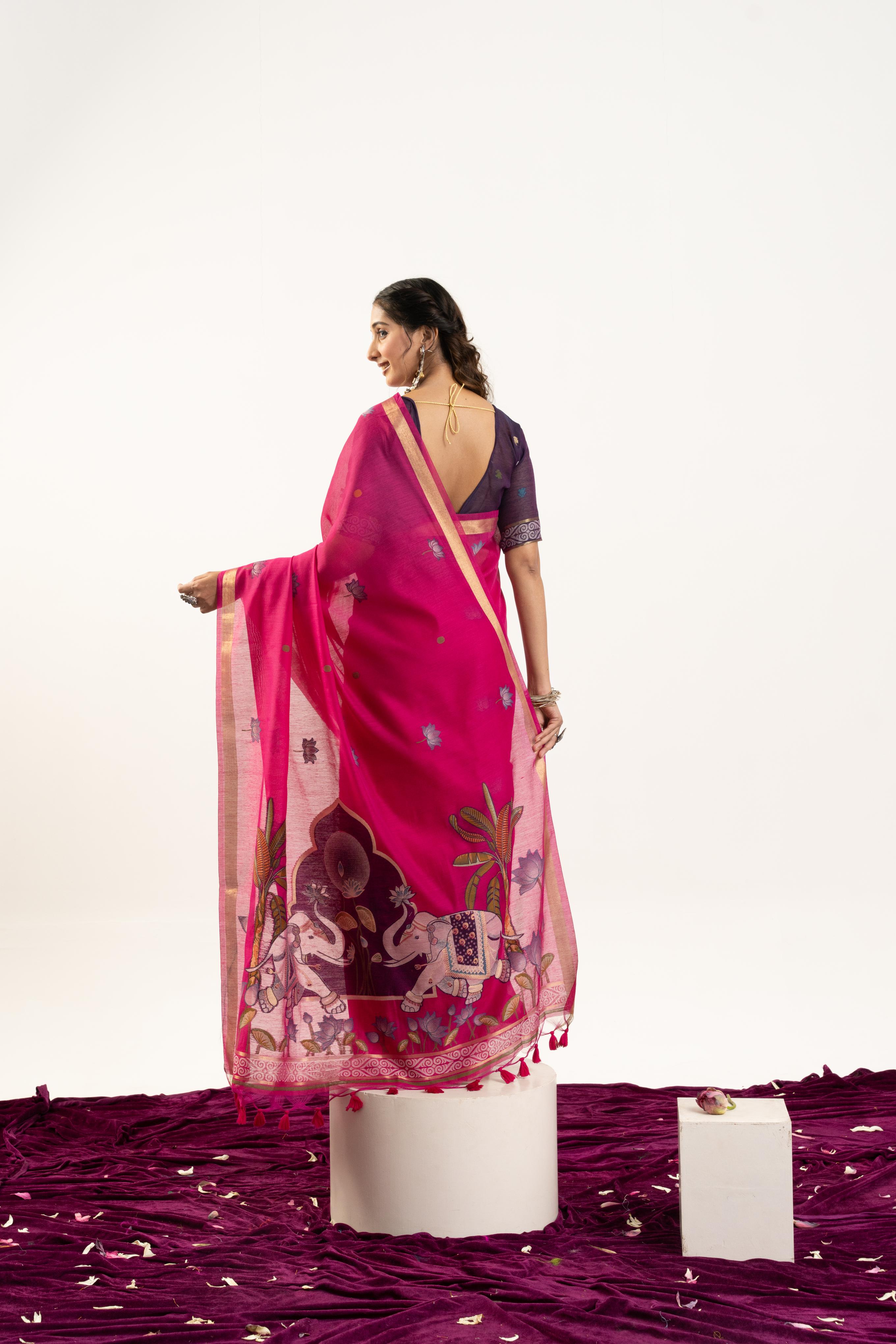 Rani Pink Designer Muga Cotton Saree