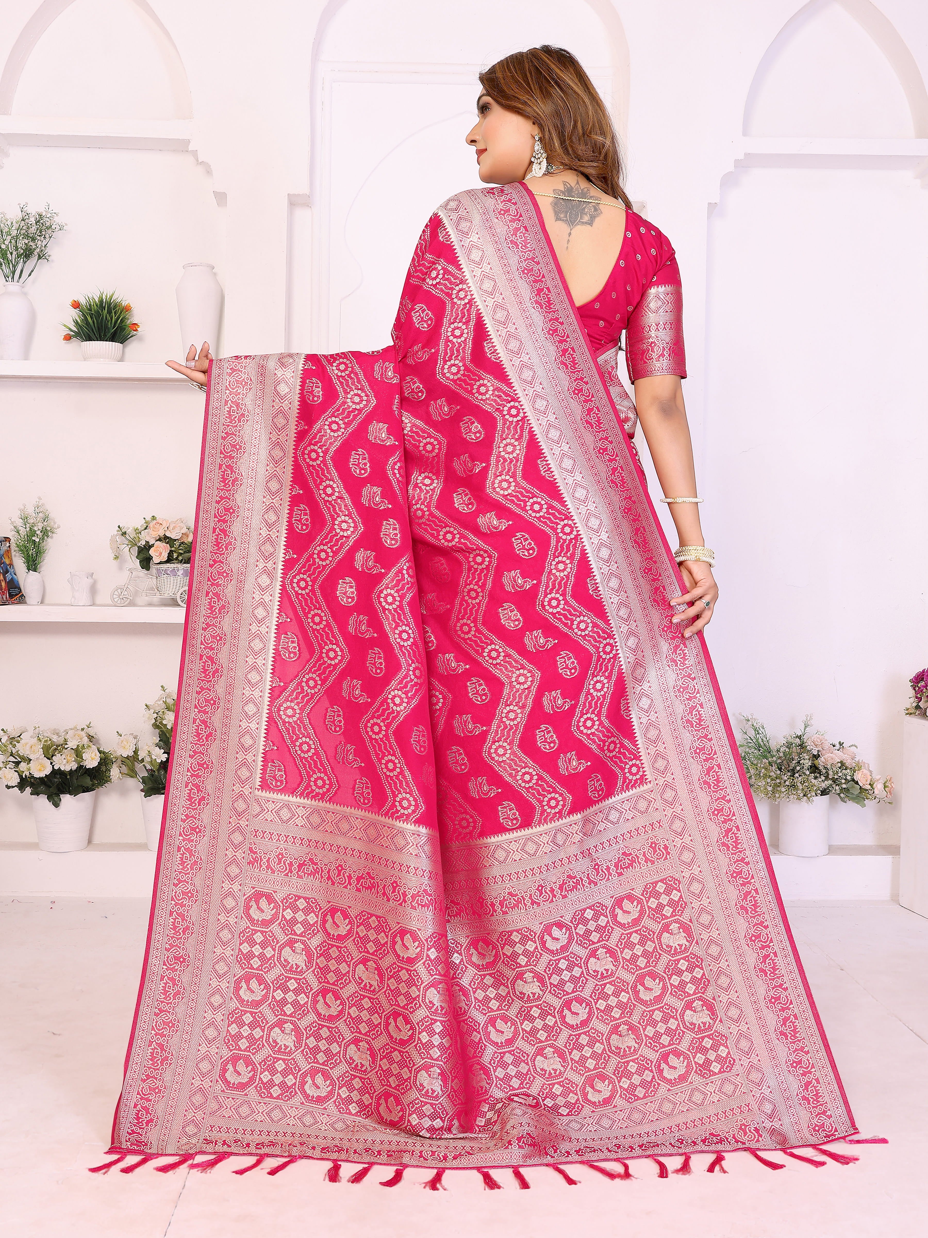 Rani Pink Georgette Silk Leheriya Zari Weaving Saree